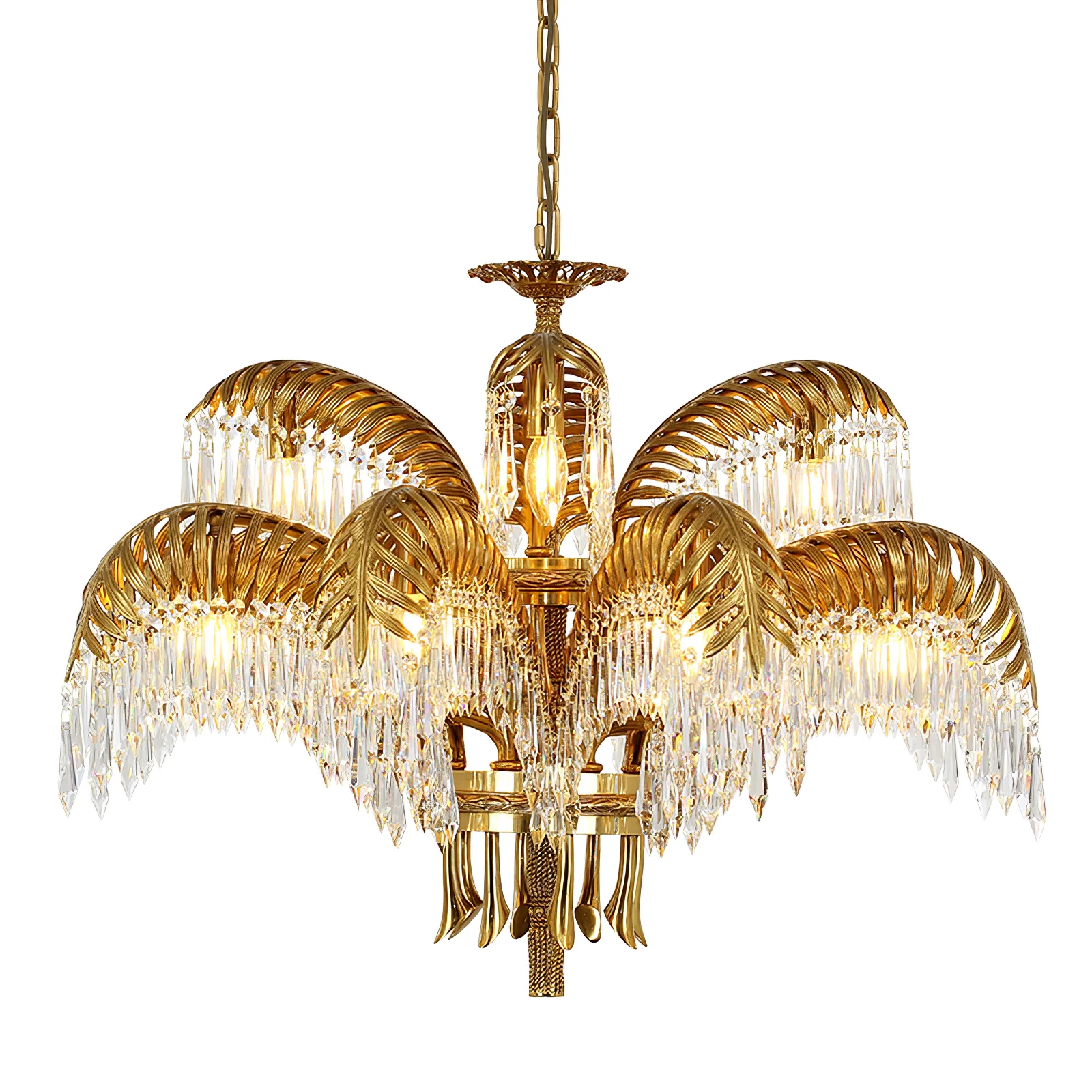 Люстра Brass Palm Leaf Crystal - 8 подвесов ∅82см x 50см, латунь, прозрачный кристалл