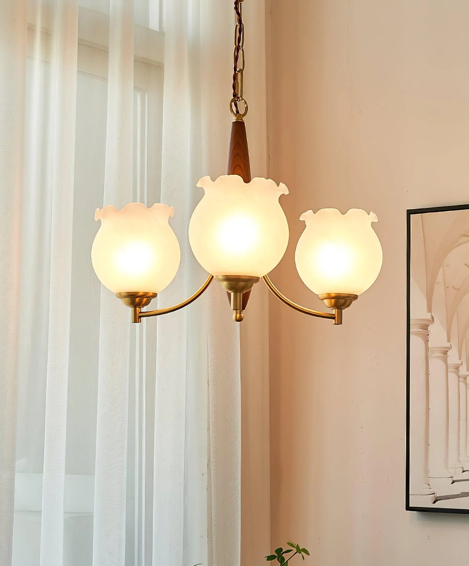 Люстра Tulips Glass Wood - 3 плафона ∅50см x 38см, латунь, дерево, белый