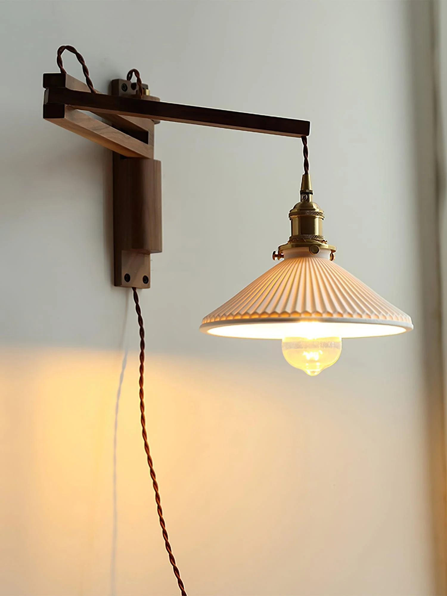 Walnut Swing Arm Wall Lamp - Model B Set of 2 / Brass & Walnut & White / EU Plug