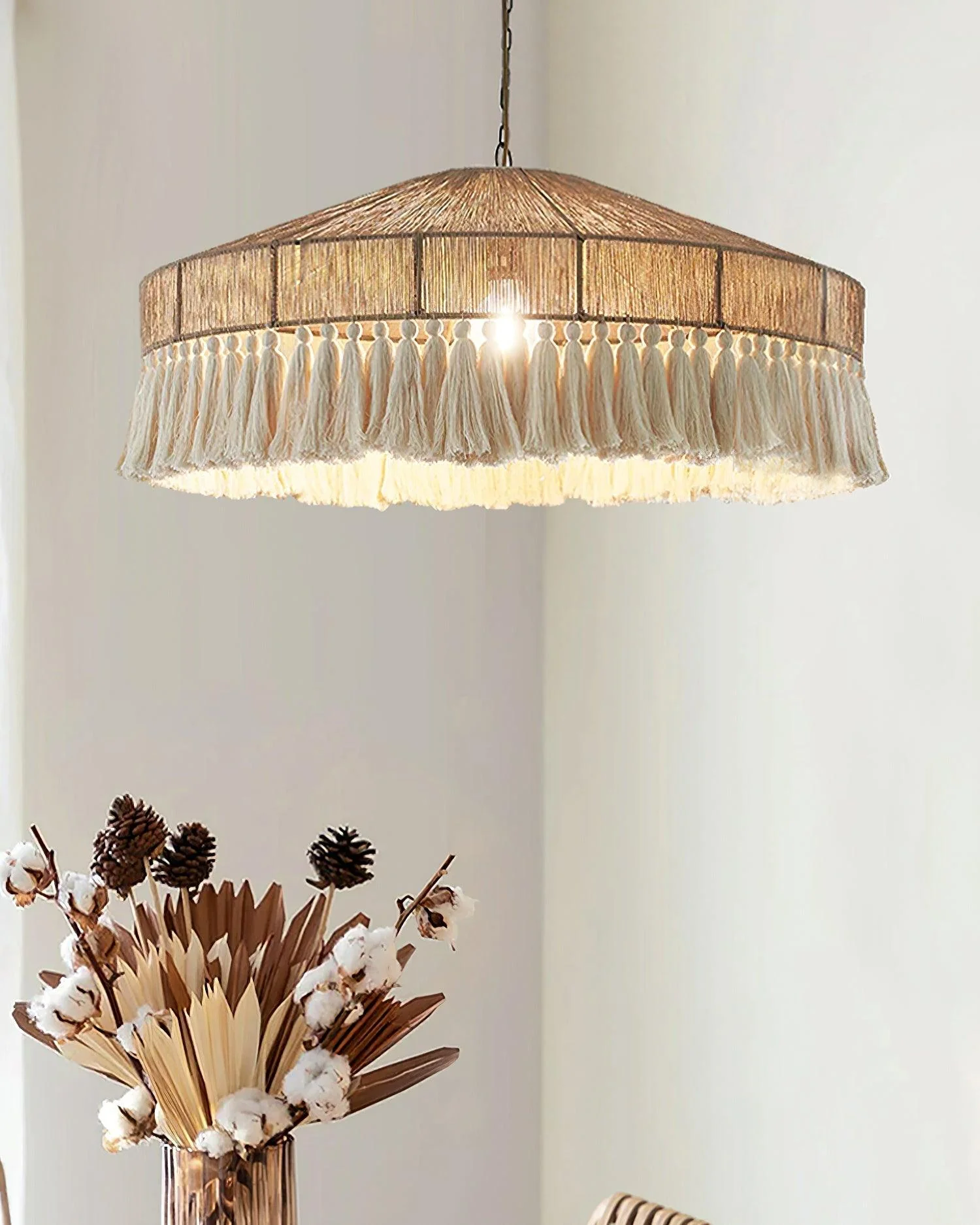 Подвесной светильник Bohemian Fringe - ∅60см x 26см, светло-коричневый, белый