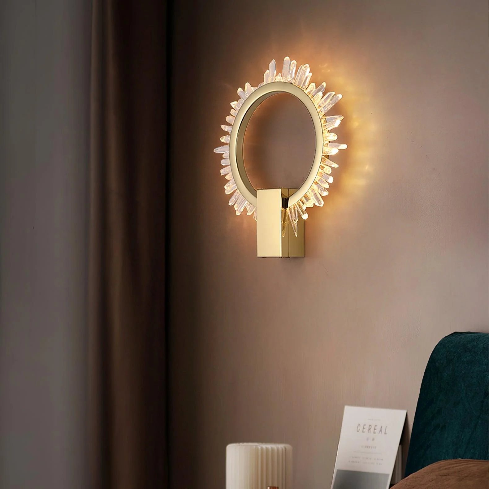 Natural Crystal Wall Lamp - ∅ 9.8″ x H 12.5″ / Dia 25cm x H 32cm Set of 2 / Gold & Clear / Warm White