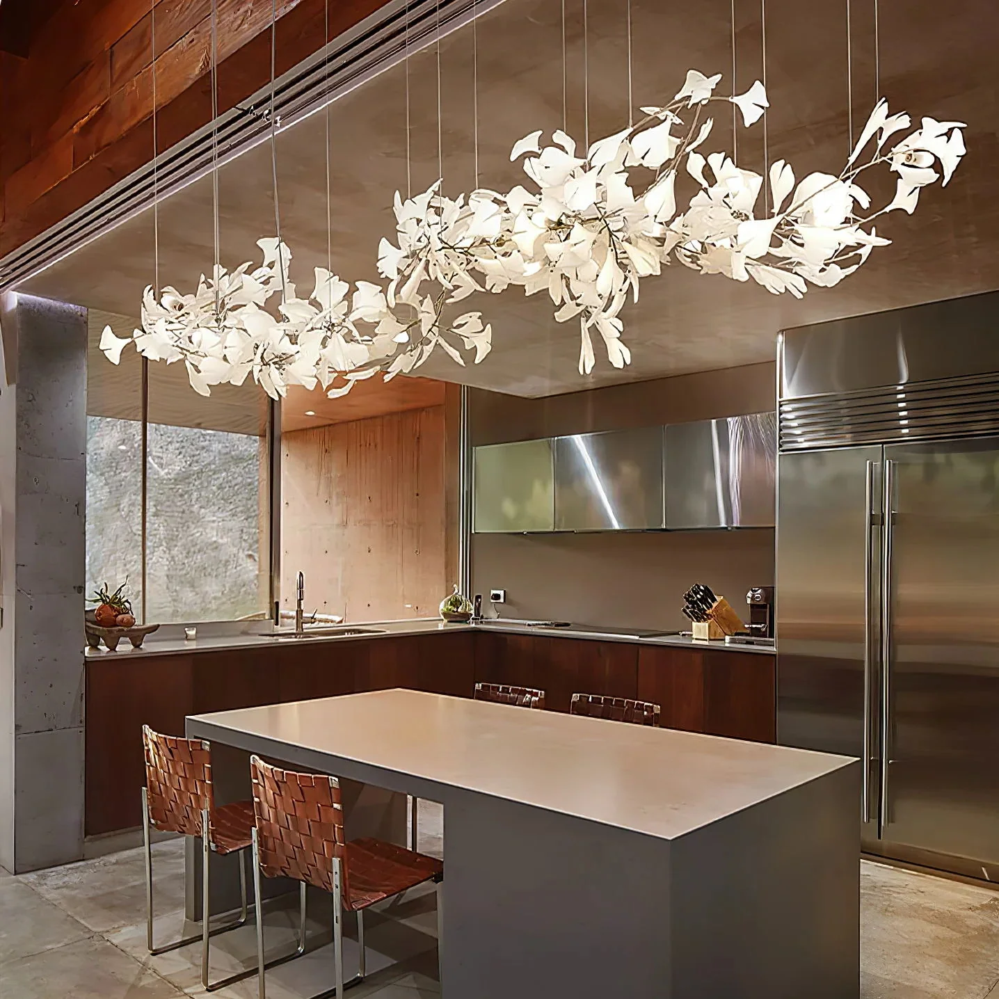 Люстра Gold White Leaves Combination Gingko - 150см x 65см, золотой пластик, белая керамика, золотое основание