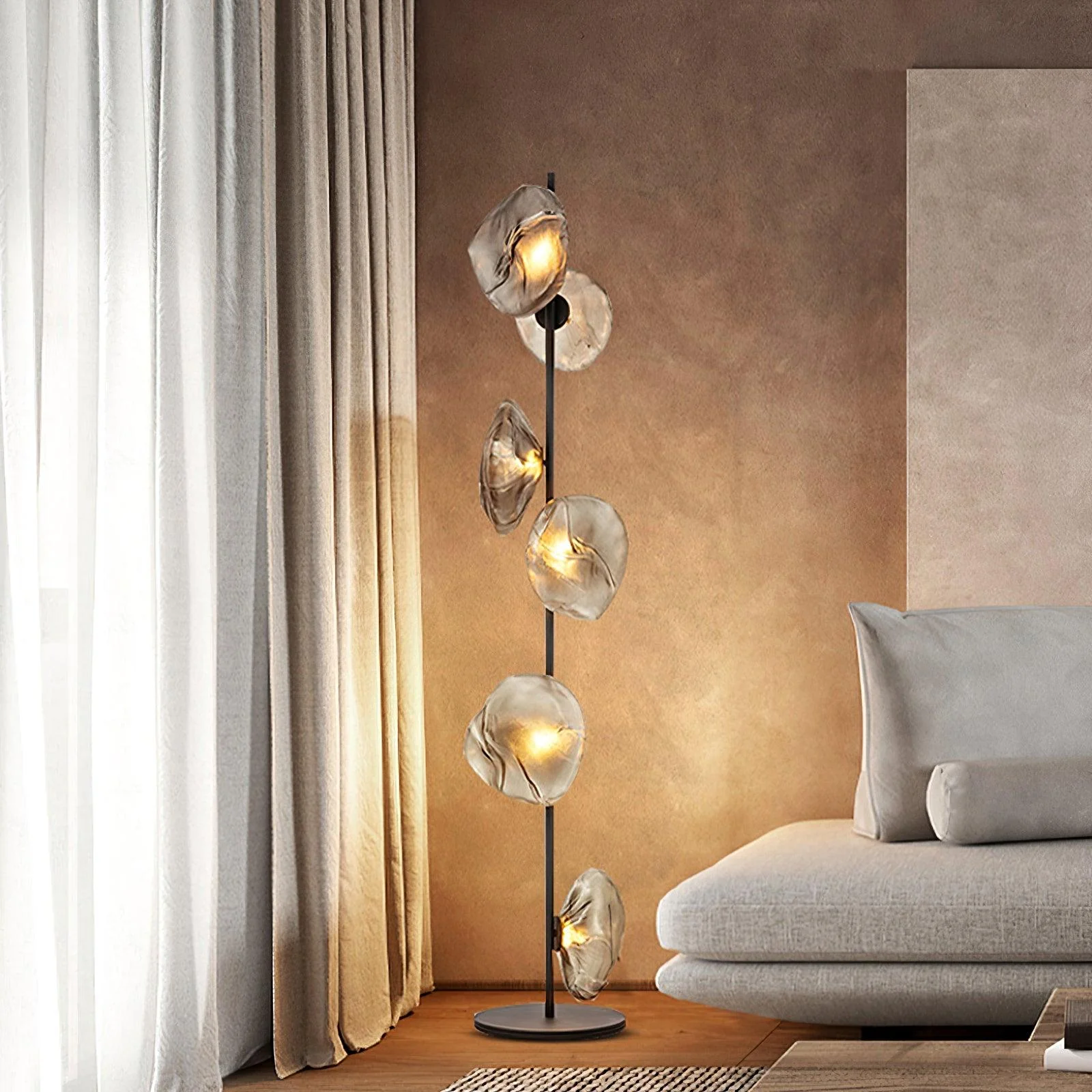 Glass Mesh Petals Floor Lamp - 6 heads ∅ 13.8″ x H 70.9″ / Dia 35cm x H 180cm / Gold+Smoke gray / UK plug