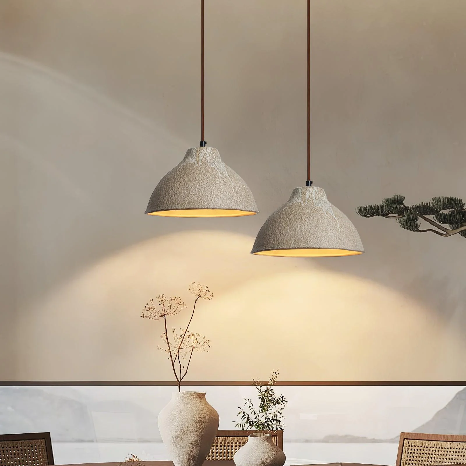 Подвесной светильник Raku Retro Ceramic - ∅36см x 21см, серый, темное дерево