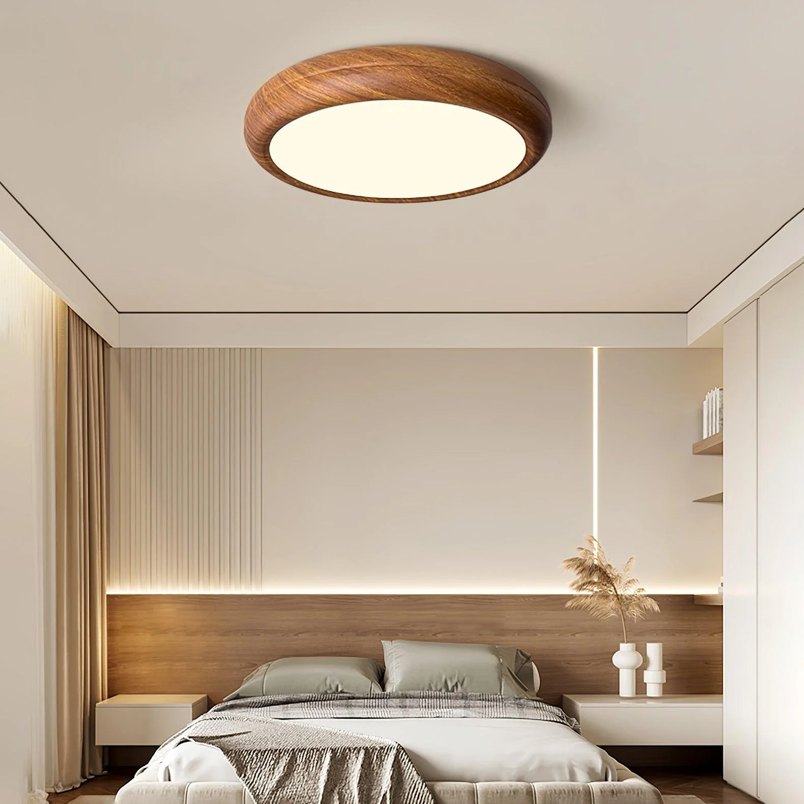 Потолочный светильник Wood Grain Round - модель A ∅30см x 9см, орех, белый, теплый свет