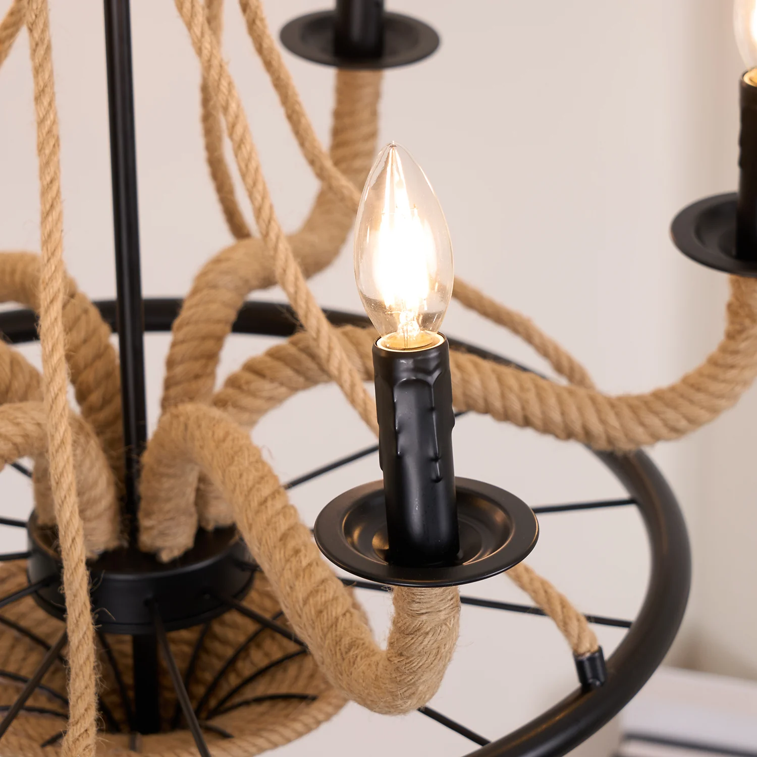Люстра Hemp Rope Industrial Large Wheel - 6 плафонов ∅68см x 79см, черный, льняной
