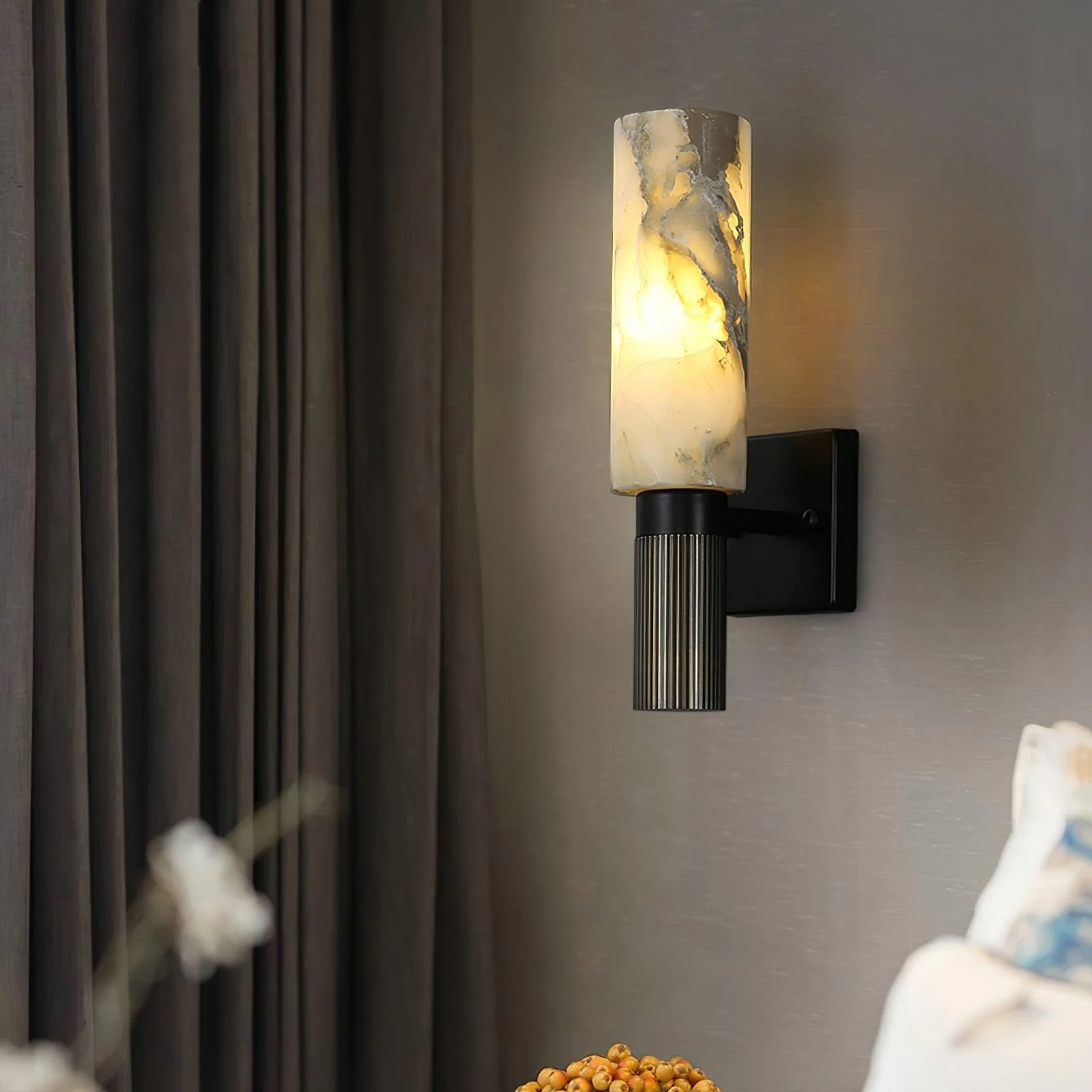 Torch Alabaster Sconce - Set of 2 / Blackened + White Marble