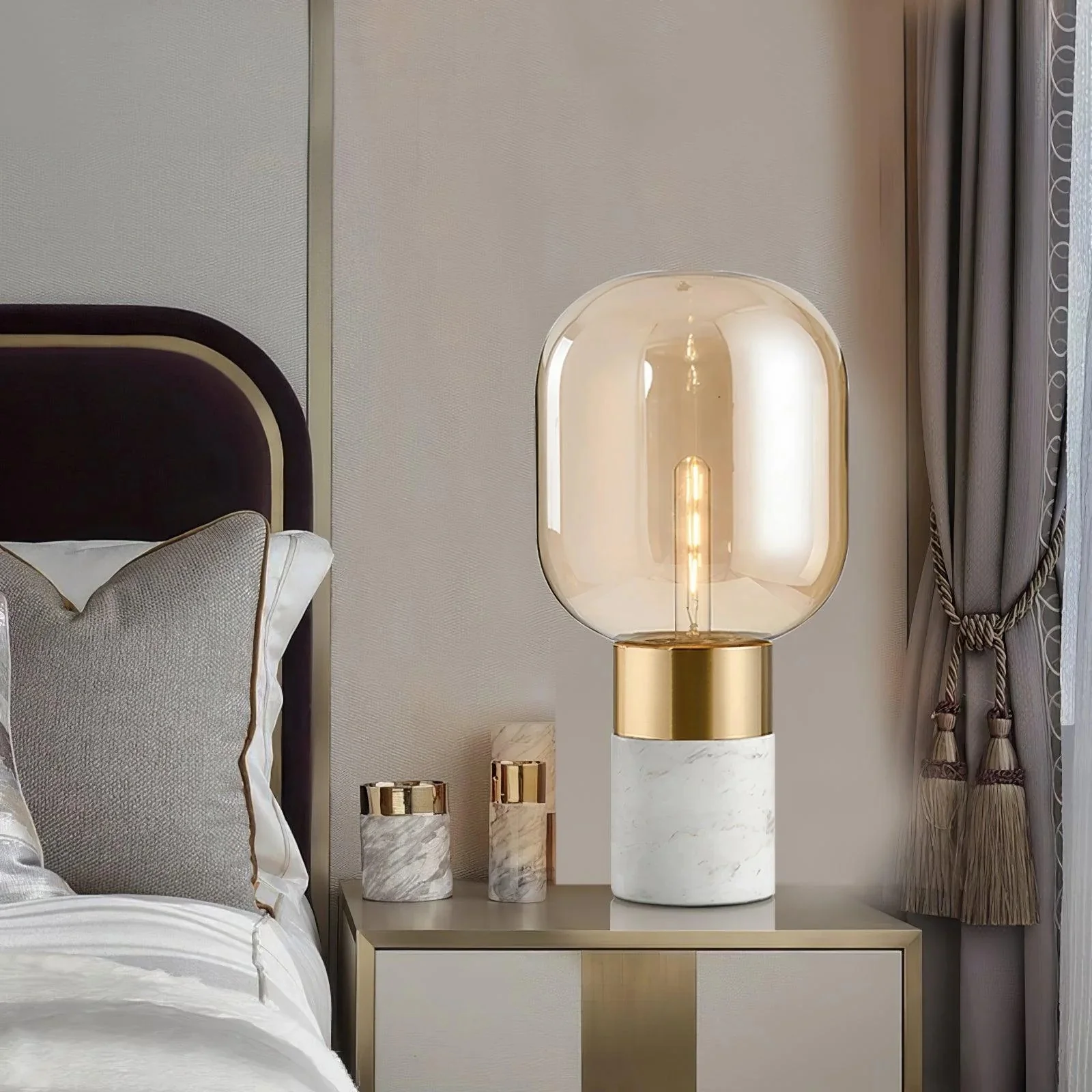 Storm Marble Table Lamp - ∅ 9″ x H 18.8″/ Dia 23cm x H 48cm / White Marble & Cognac / UK plug