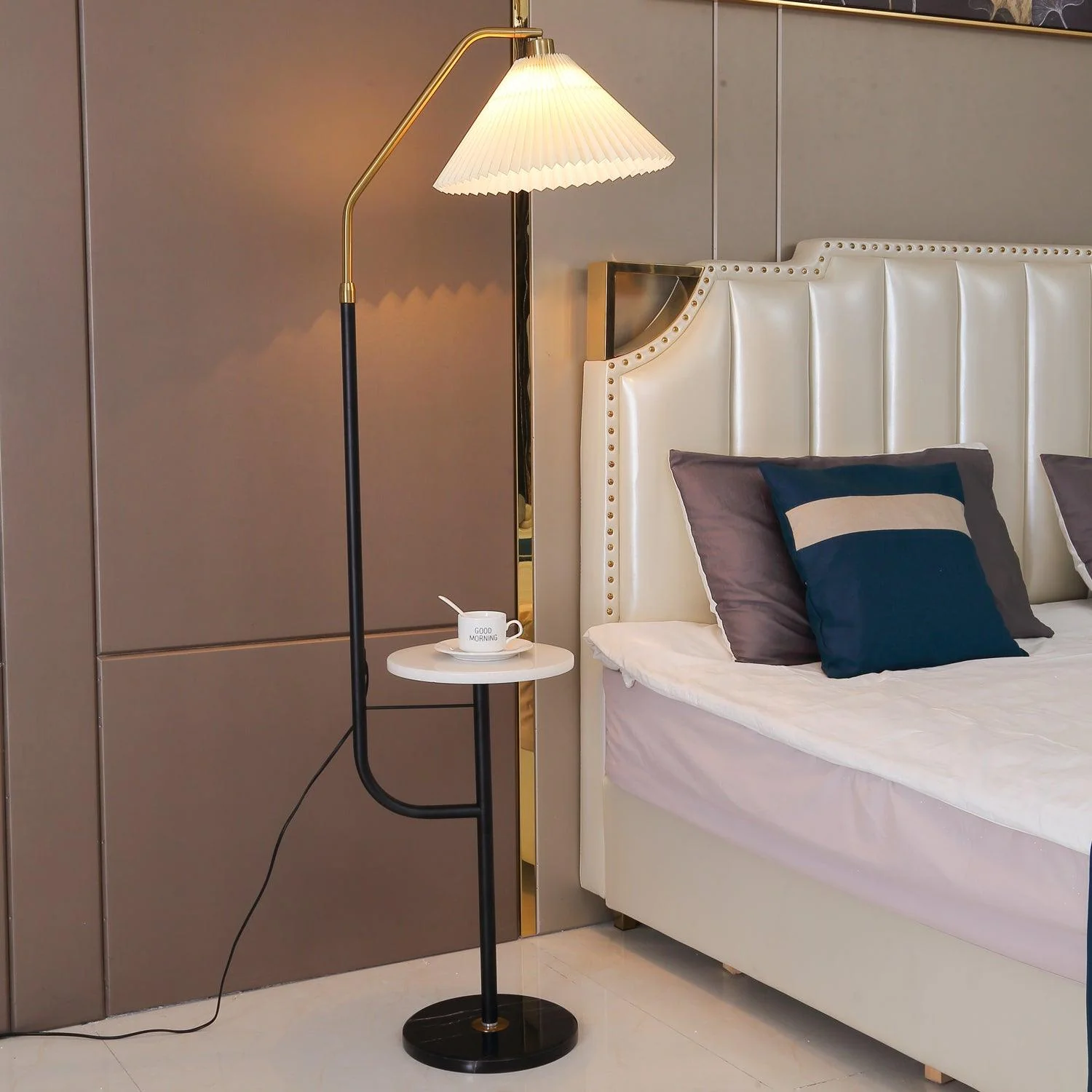 Ozz Floor Lamp - Wooden desktop: W 21.7″ x H 65″ / W 55cm x H 165cm / Beige & Black & Gold / AU plug