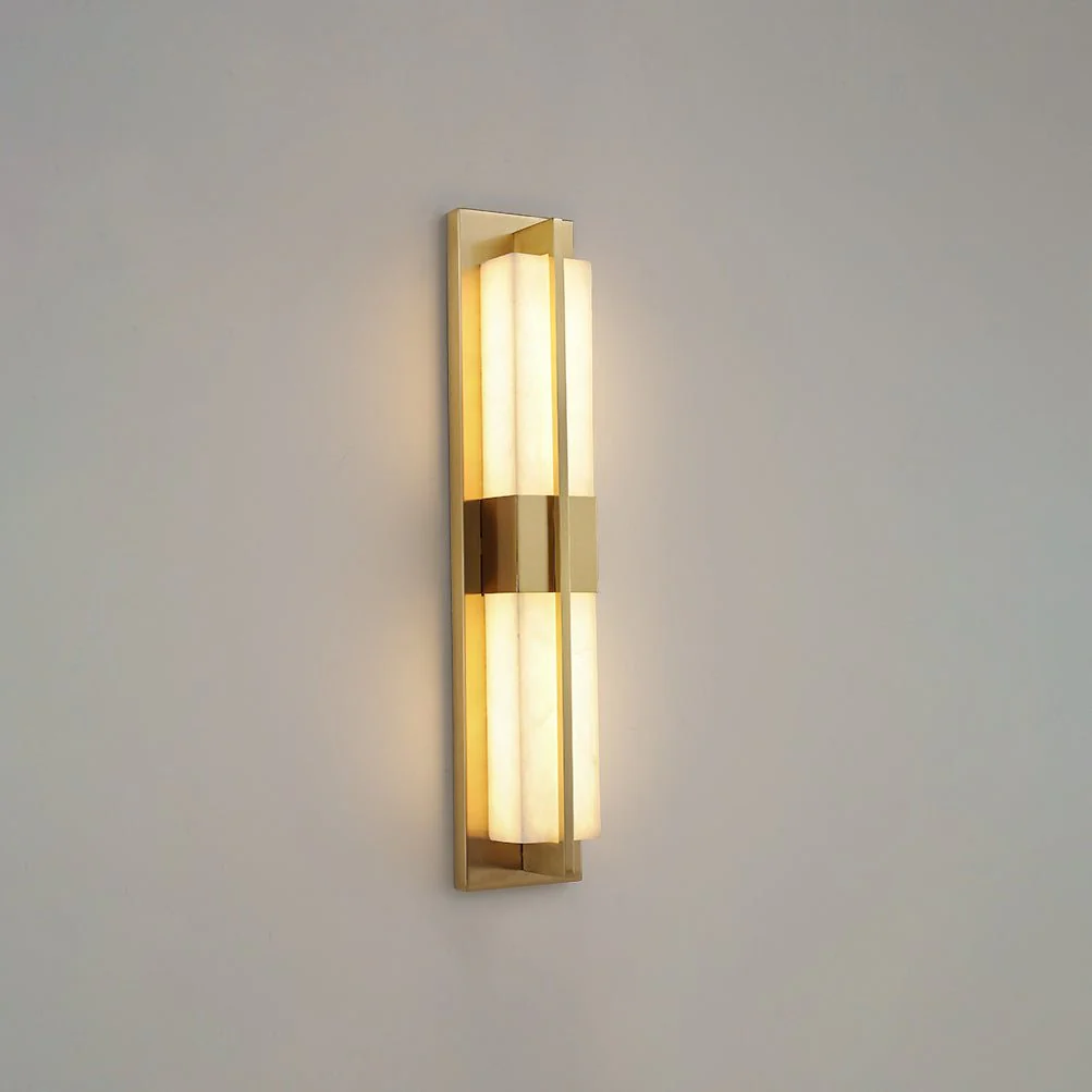 Rectangular Alabaster Brass Wall Sconce - ∅ 4.7″ x H 31.5″ / Dia 12cm x H 80cm / Black & Warm Light / Set Of 2
