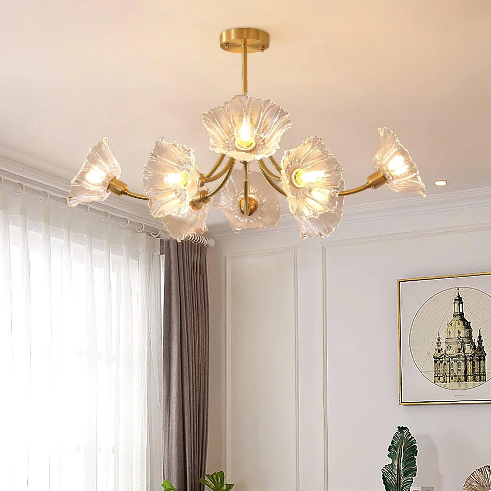 Люстра Kalin Flower Glass - 5 плафонов ∅55см x 36см, латунь, прозрачный
