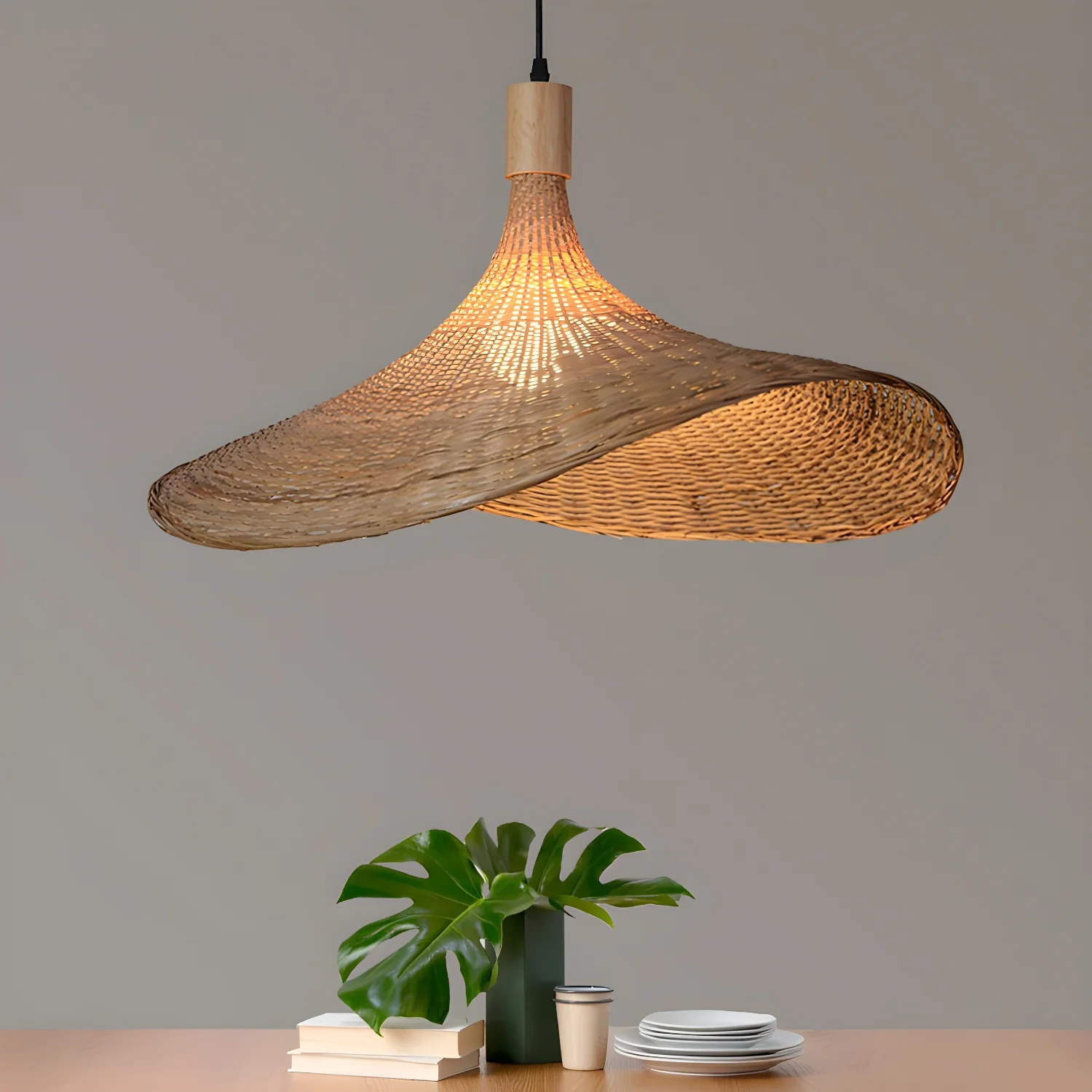 Подвесной светильник Rattan Weave Hat - ∅40см x 30см, натуральный ротанг