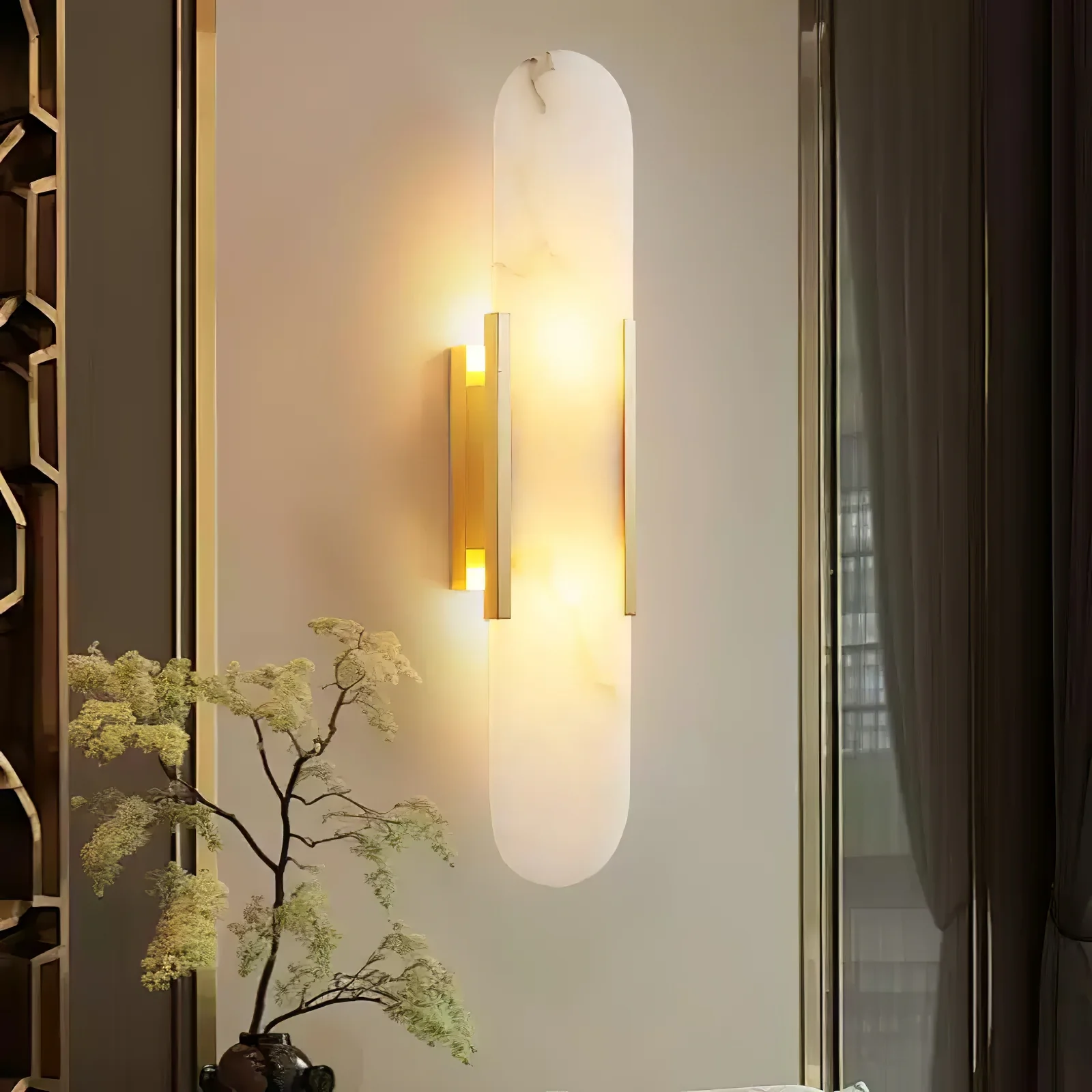 Melange Elongated Alabaster Wall Lamp - Dia 10cm x H 35cm Set of 2 / Black