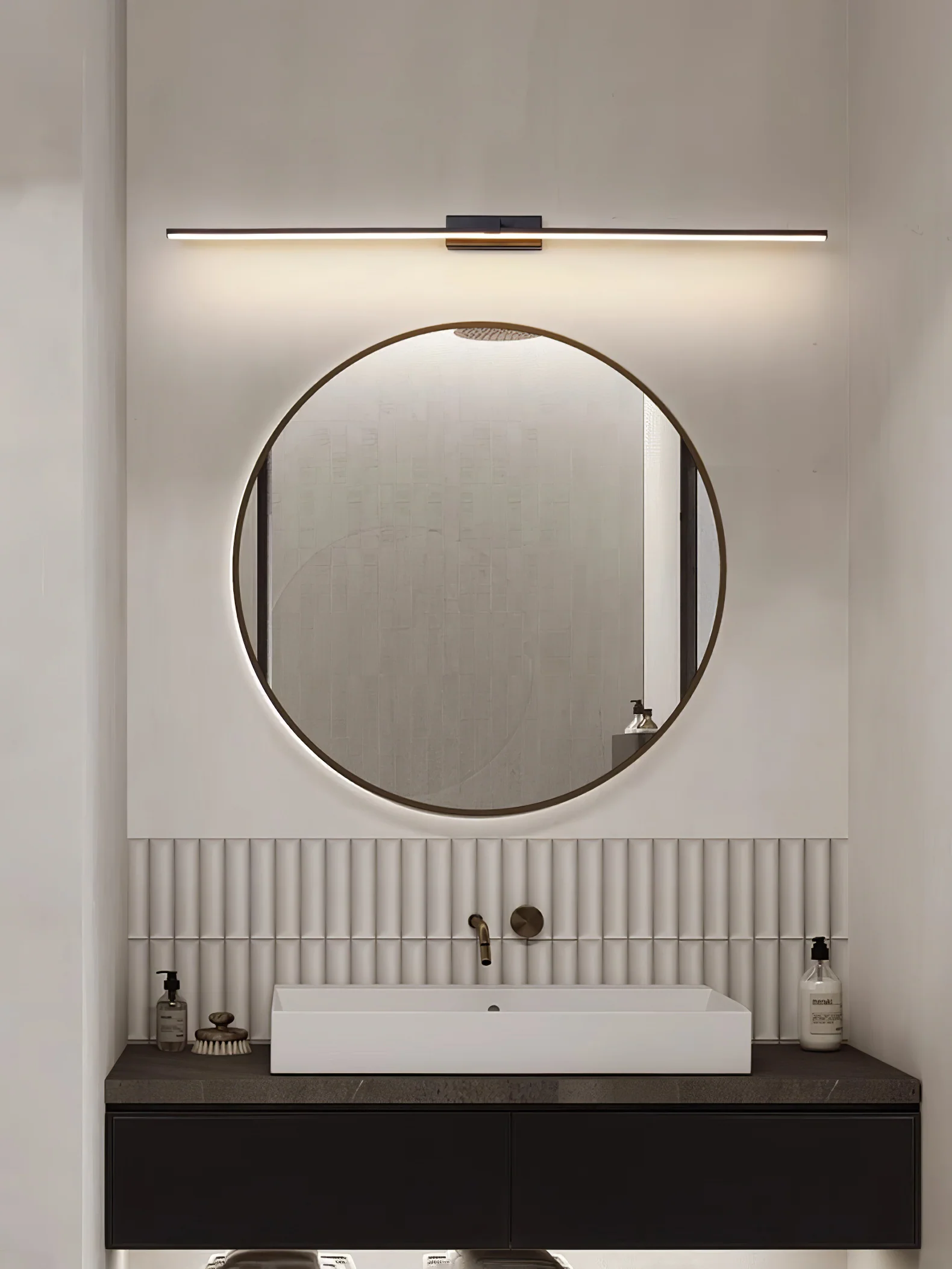 Metal Linear Mirror Wall Light - ∅ 23.6″ x H 3.1″ / Black & Warm Light / Set Of 2