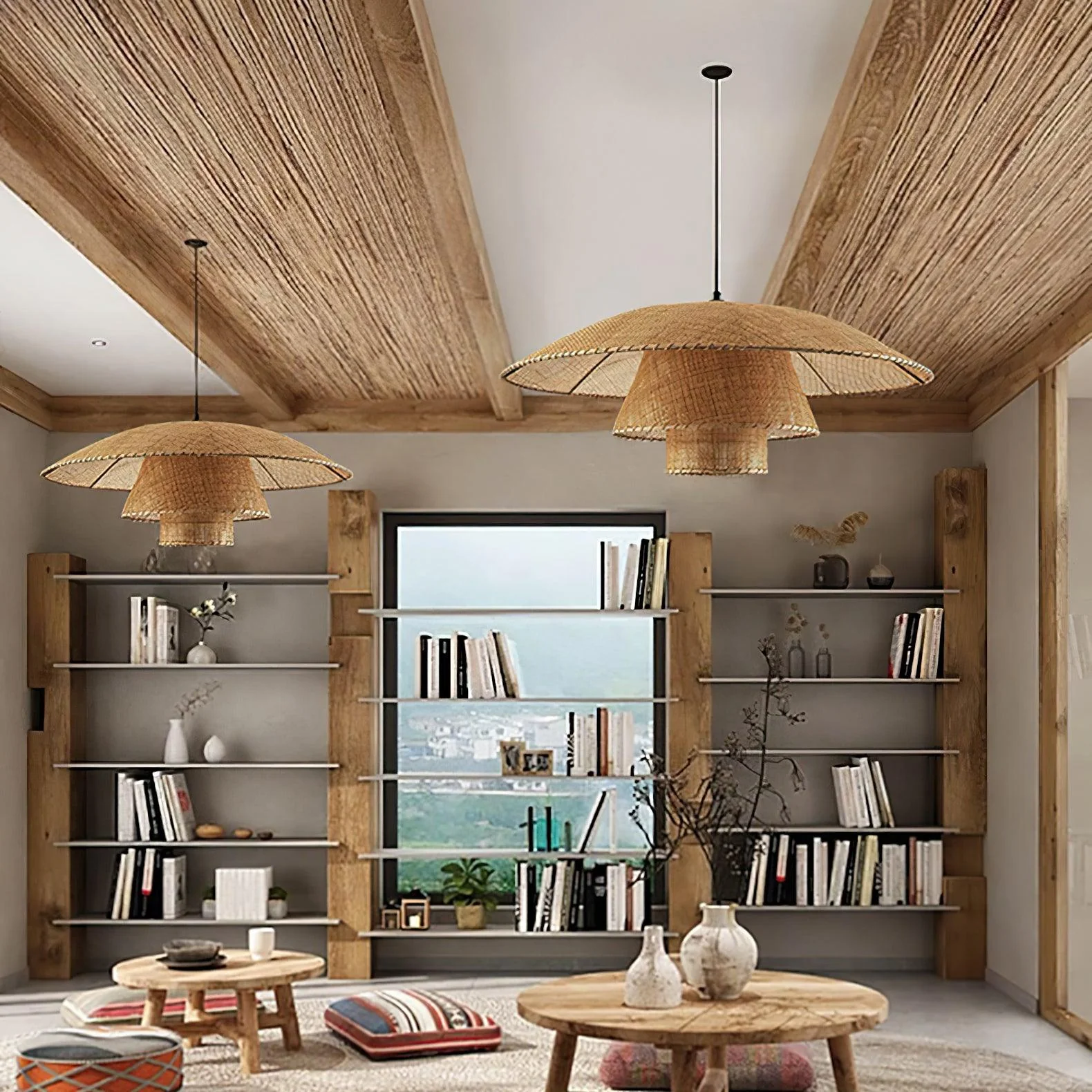 Подвесной светильник Hat Weave Rattan - ∅60см x 150см, черный, натуральный ротанг