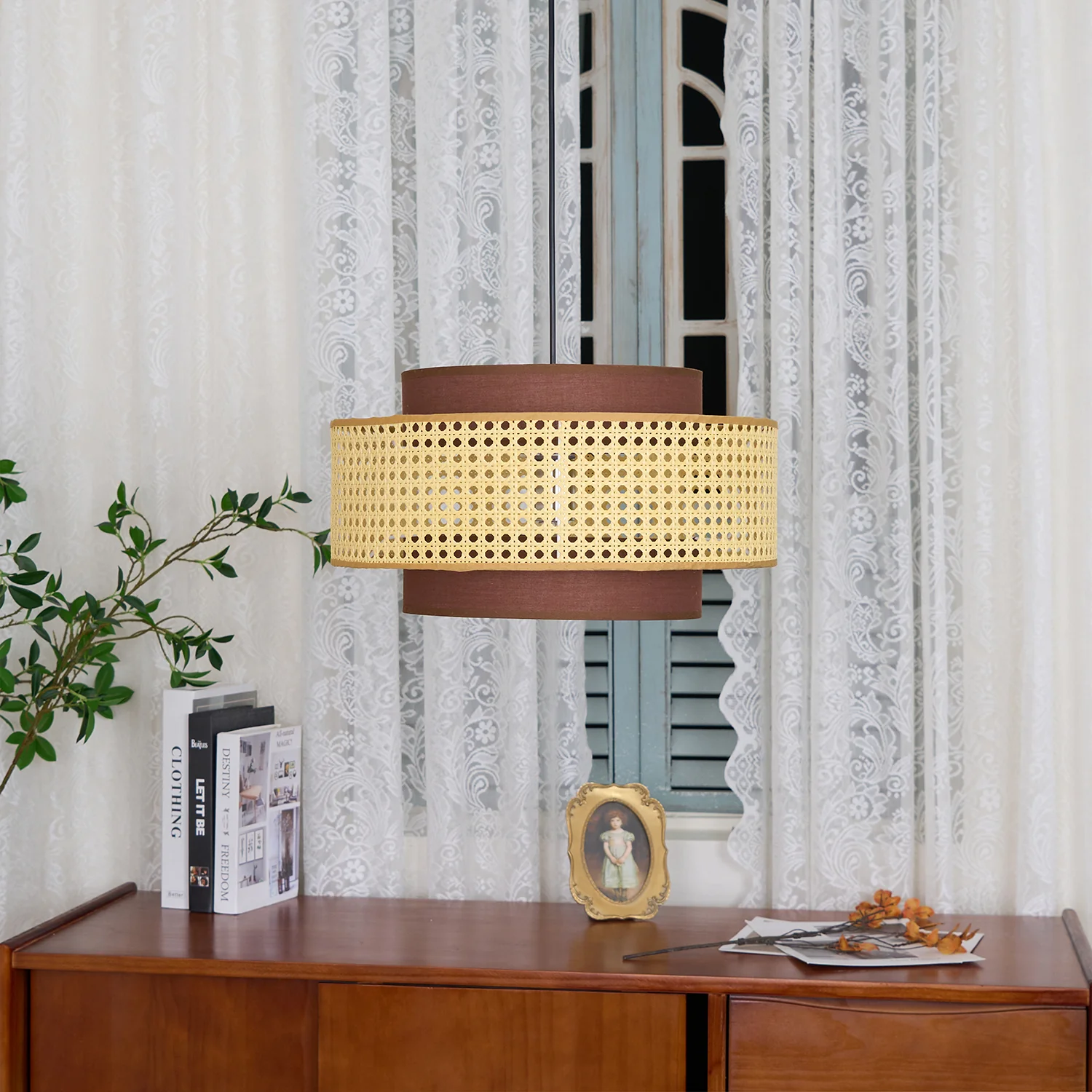 Подвесной светильник Drum Shade - ∅40см x 22см, черный, натуральный ротанг