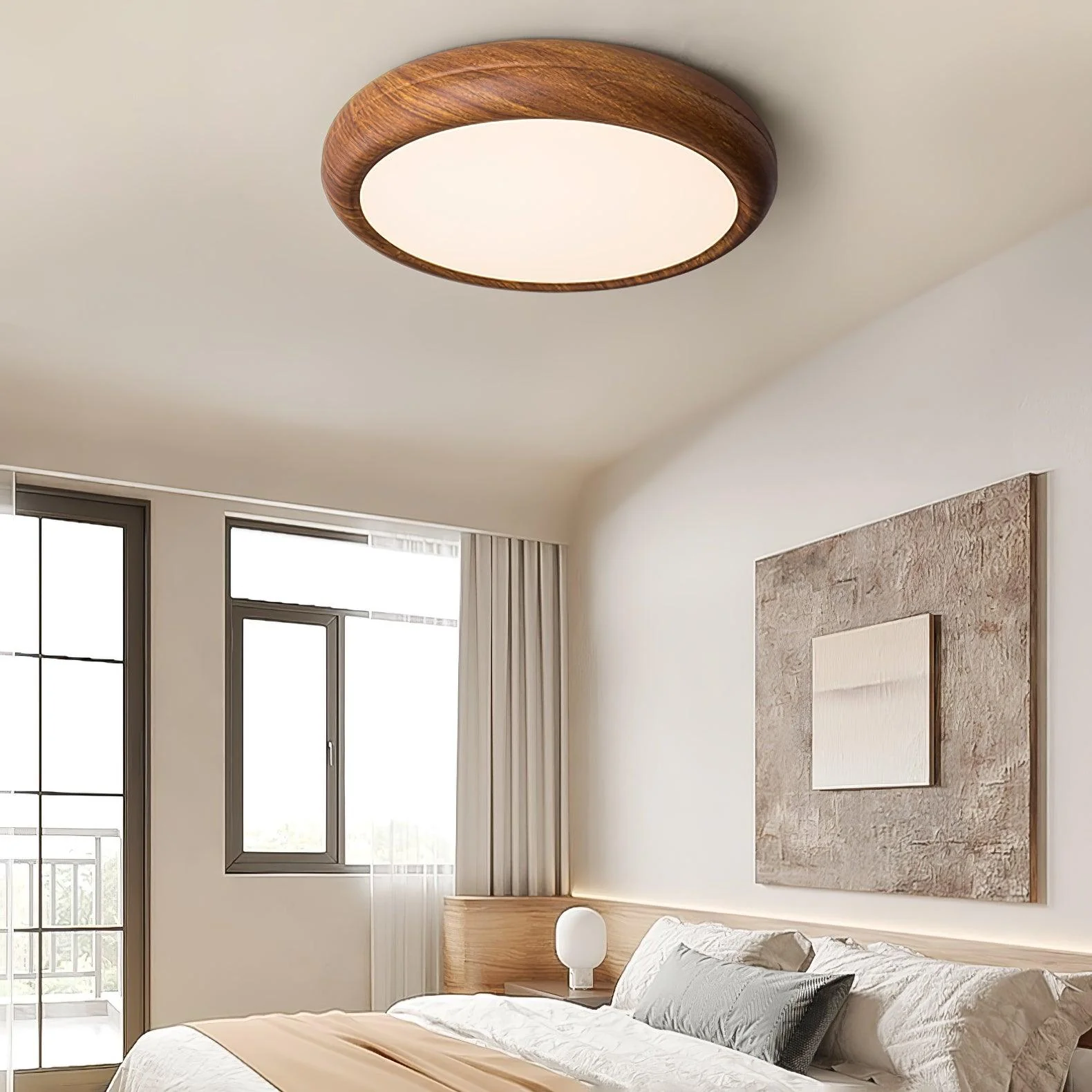 Потолочный светильник Wood Grain Round - модель A ∅30см x 9см, орех, белый, теплый свет
