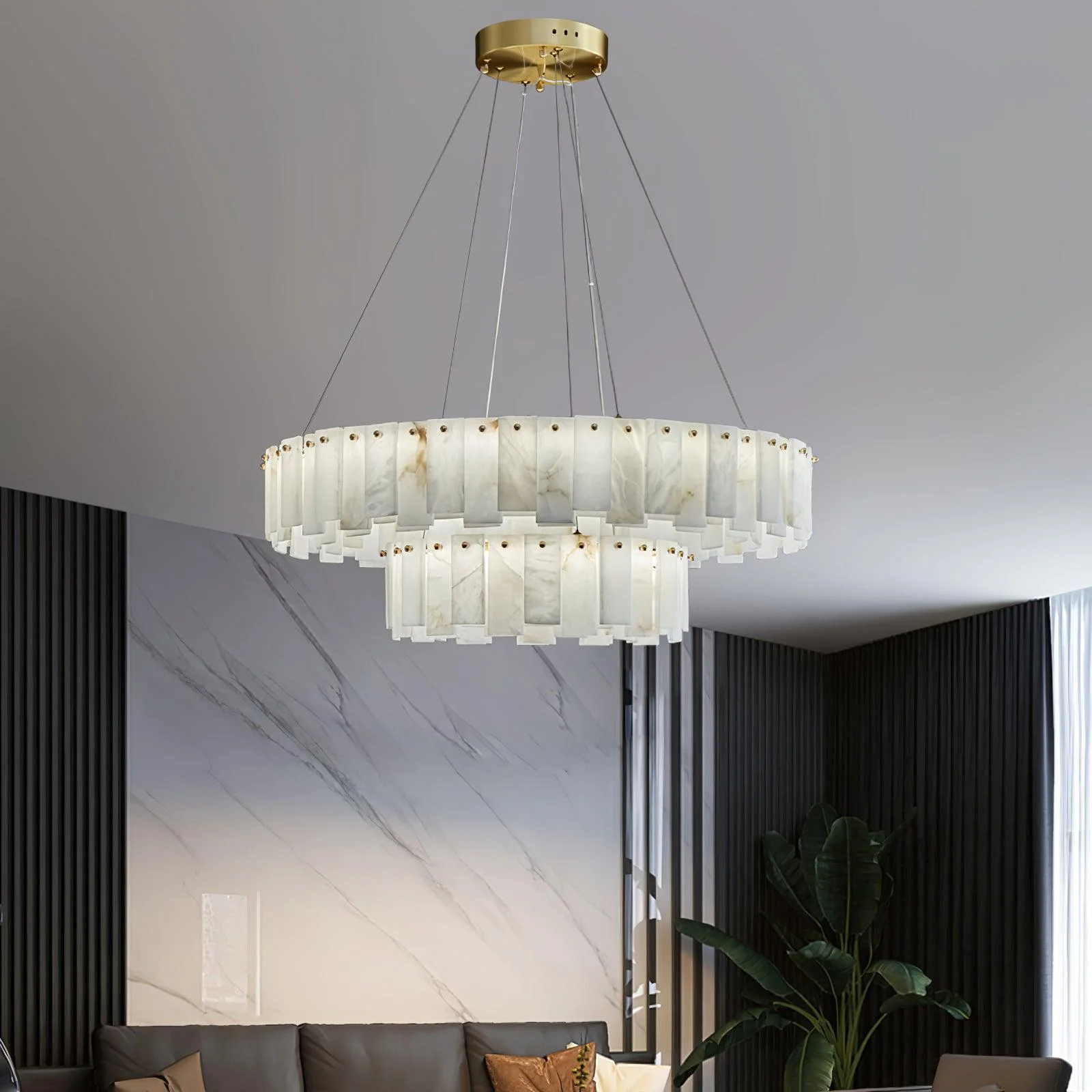 Люстра Celestial Alabaster Round - длинное крепление 120см x 35см x 14см, латунь, белый, теплый свет