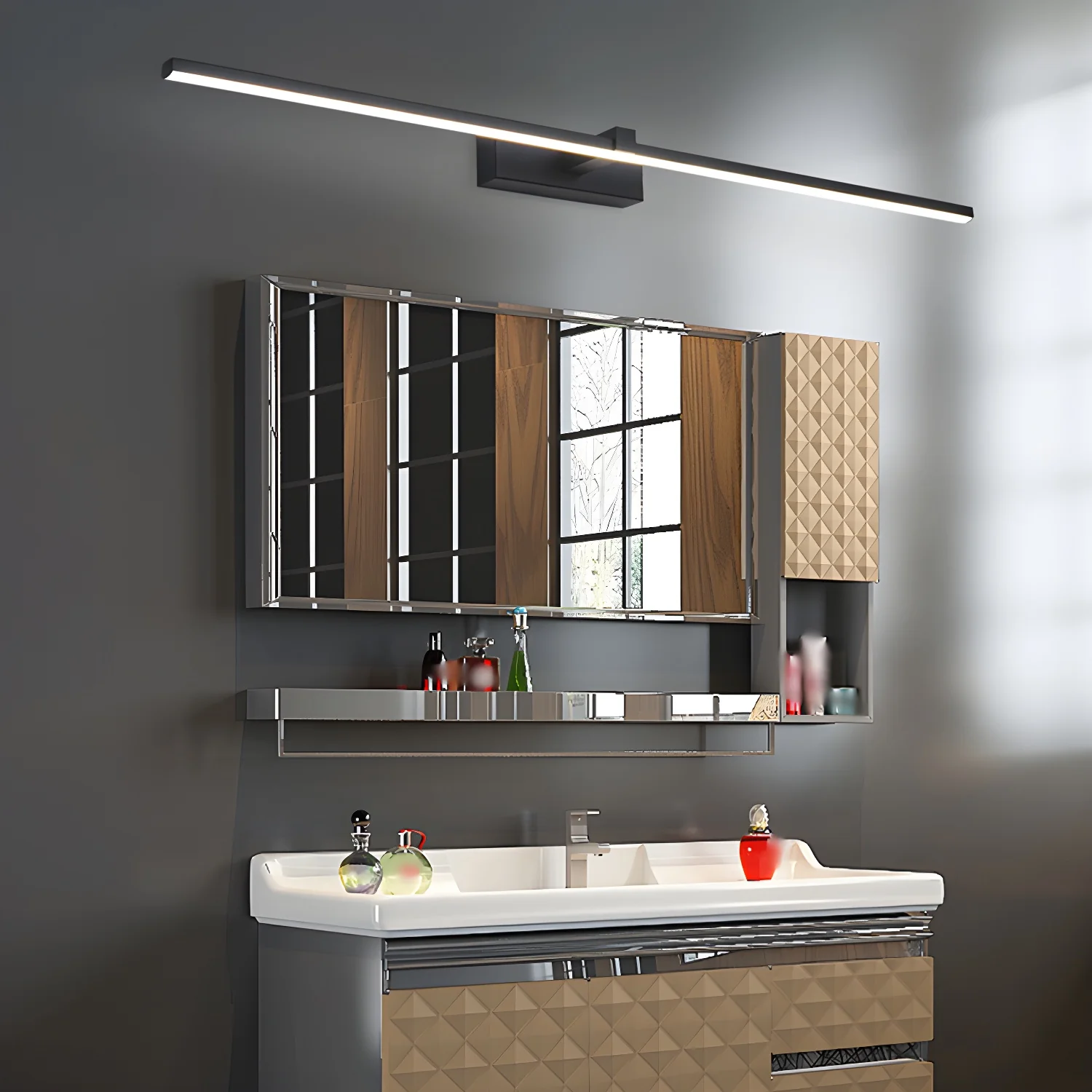 Metal Linear Mirror Wall Light - ∅ 23.6″ x H 3.1″ / Black & Warm Light / Set Of 2