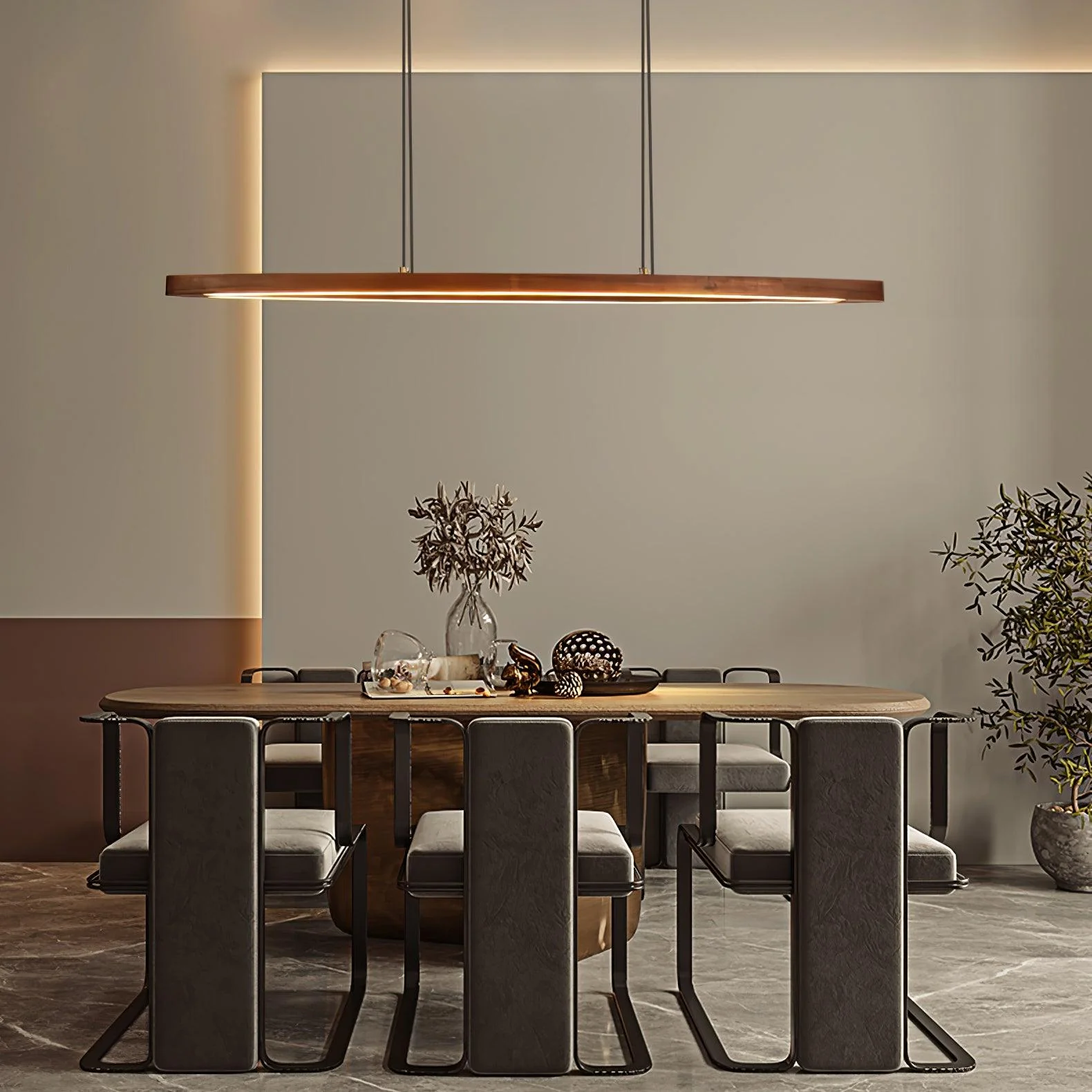 Подвесной светильник Walnut Arc Linear - 90см x 15см x 150см, орех, теплый свет