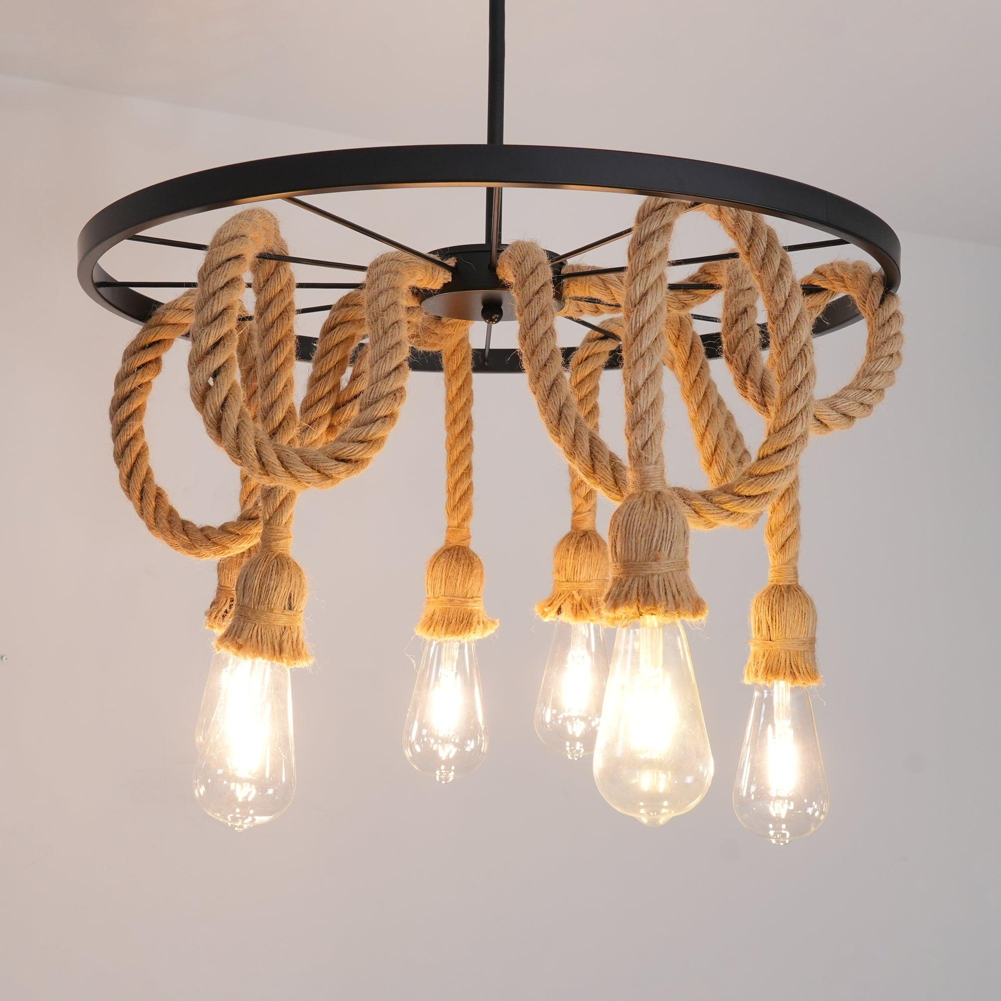 Люстра Hemp Rope Industrial Six Head - 6 плафонов ∅50см х 50см, черный, льняной
