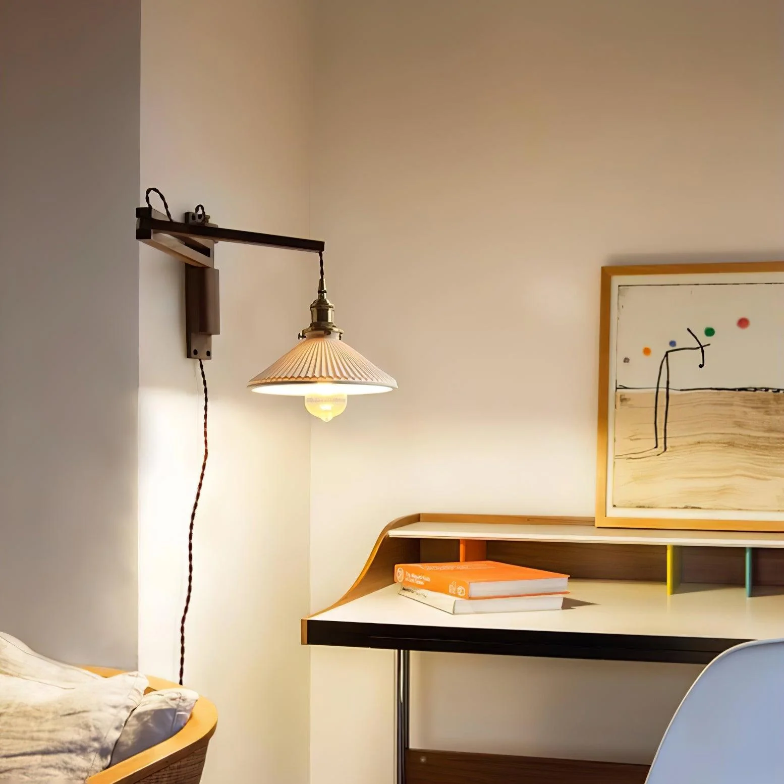 Walnut Swing Arm Wall Lamp - Model B Set of 2 / Brass & Walnut & White / EU Plug