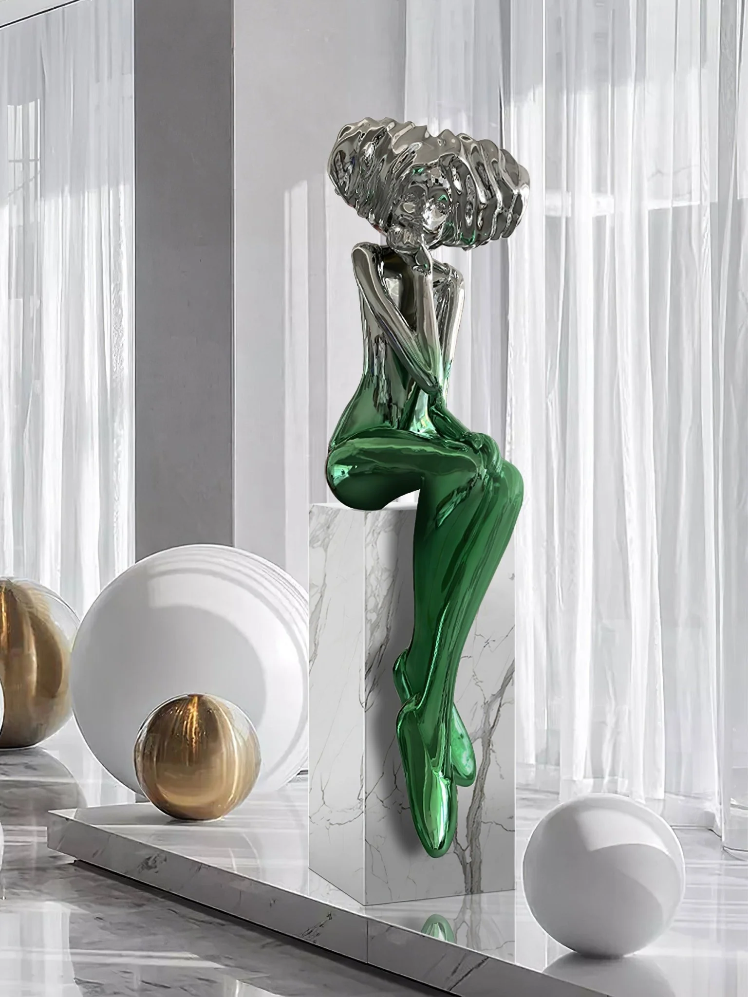 Girl Meditate Sculpture Ornaments - ∅65см x 70см x 152см, синий, металлическое основание