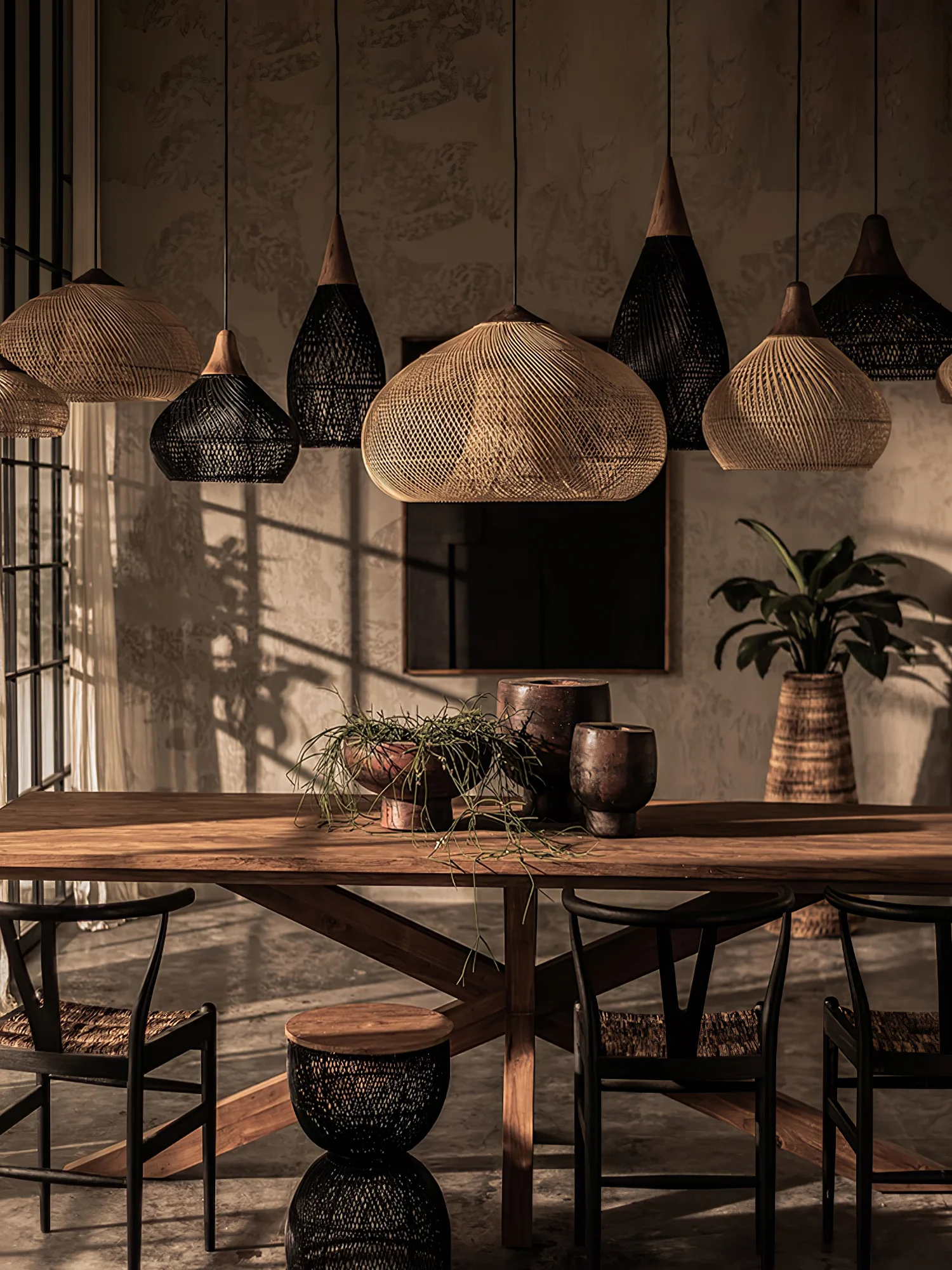 Подвесной светильник Braided Rattan - модель B, ∅50см x 25см, натуральное дерево, натуральный ротанг