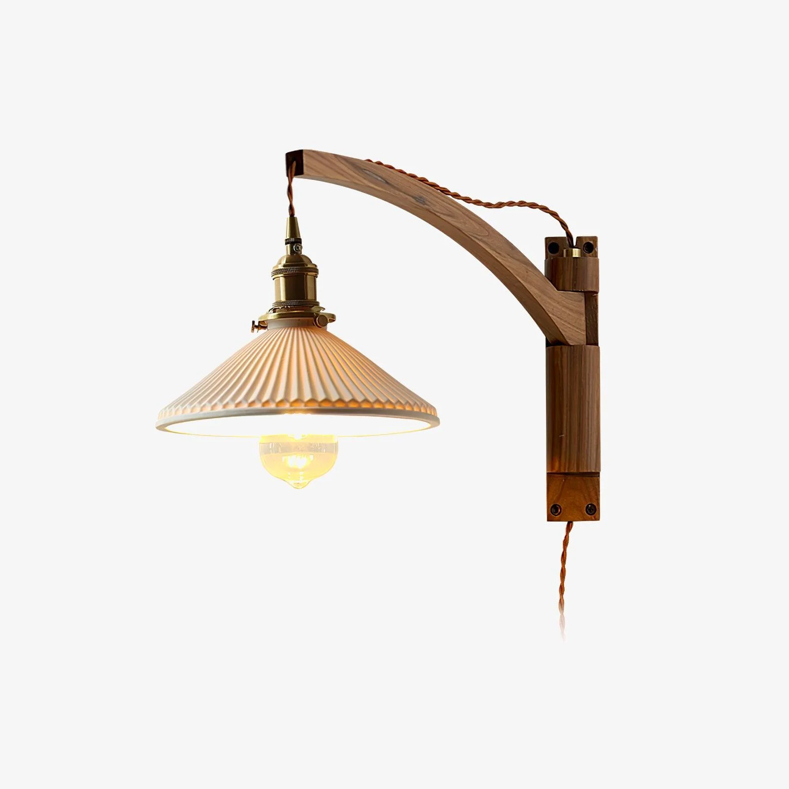 Walnut Swing Arm Wall Lamp - Model B Set of 2 / Brass & Walnut & White / EU Plug