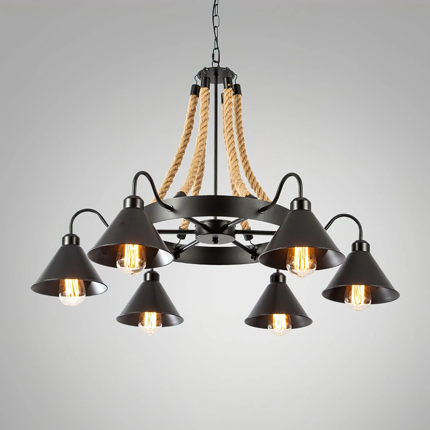 Люстра Hemp Rope Industrial Horn - 6 плафонов ∅88см x 60см, черный, льняной