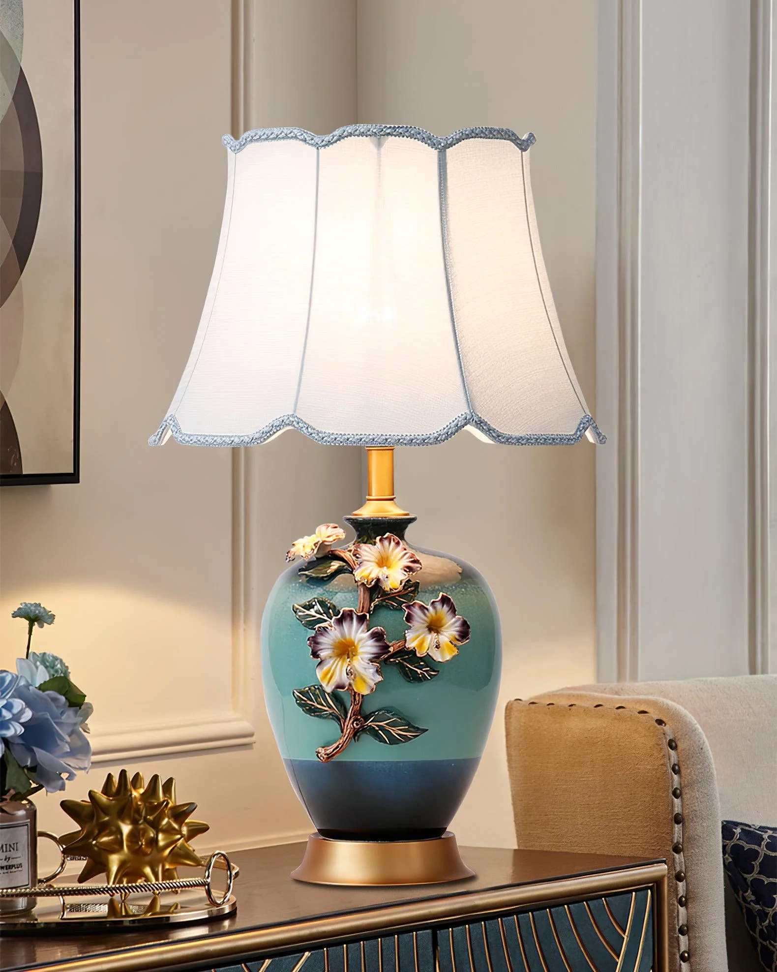 Ceramic Pattern Table Lamp - ∅ 14.1″ x H 24.8″/ Dia 36cm x H 63cm / Blue & White / US plug