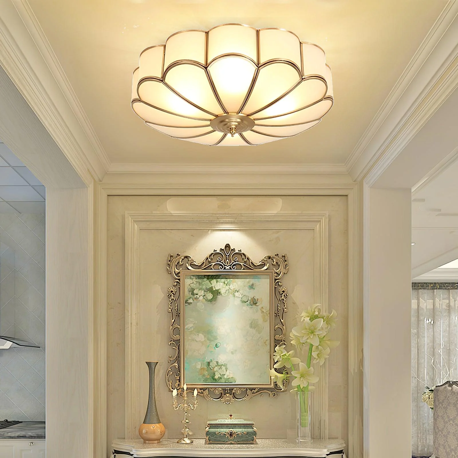 Потолочный светильник Flower Shape Glass Recessed - 6 плафонов ∅60см x 20см, латунь, стекло