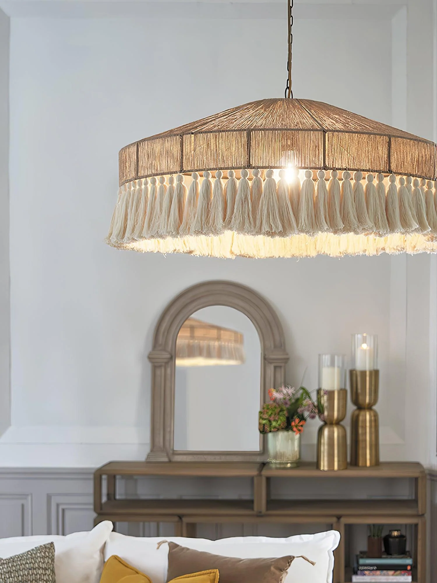 Подвесной светильник Bohemian Fringe - ∅60см x 26см, светло-коричневый, белый