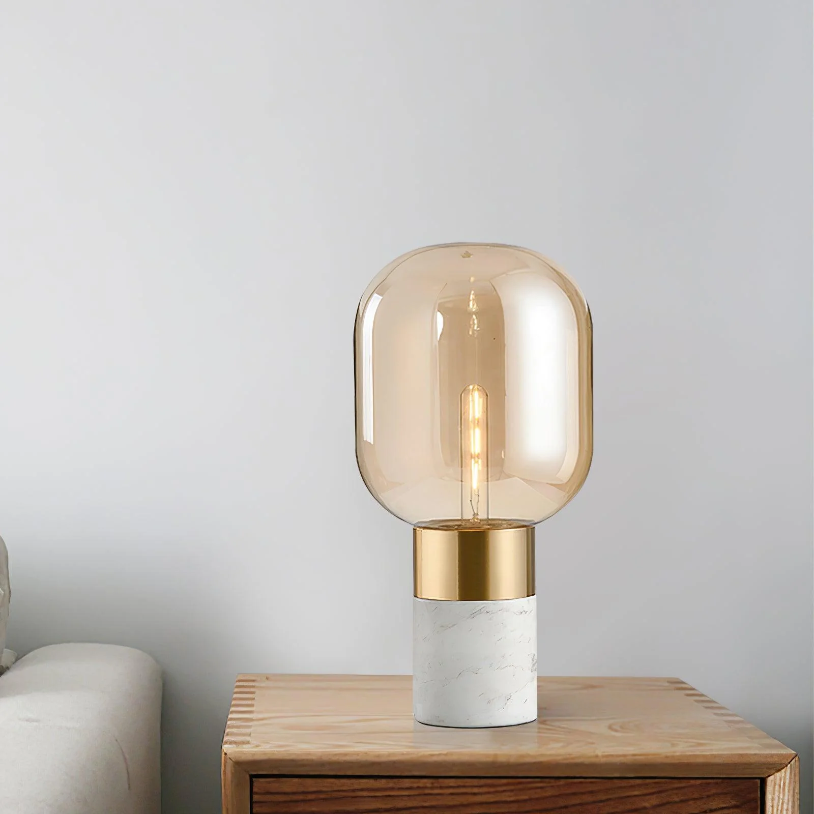 Storm Marble Table Lamp - ∅ 9″ x H 18.8″/ Dia 23cm x H 48cm / White Marble & Cognac / UK plug