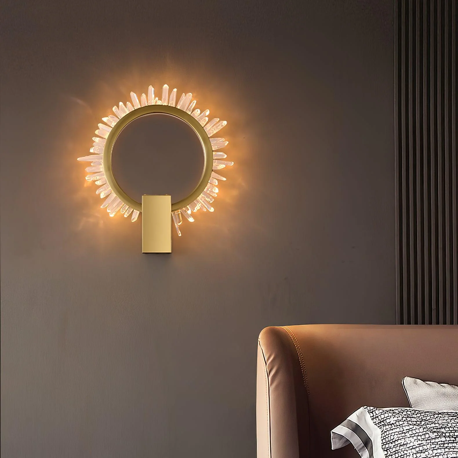 Natural Crystal Wall Lamp - ∅ 9.8″ x H 12.5″ / Dia 25cm x H 32cm Set of 2 / Gold & Clear / Warm White