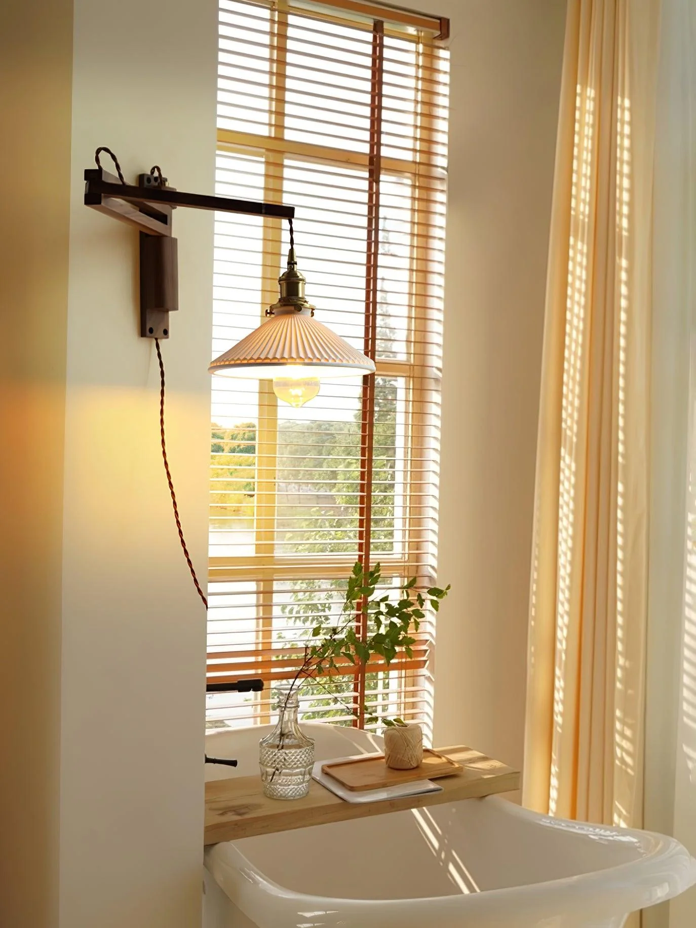 Walnut Swing Arm Wall Lamp - Model B Set of 2 / Brass & Walnut & White / EU Plug