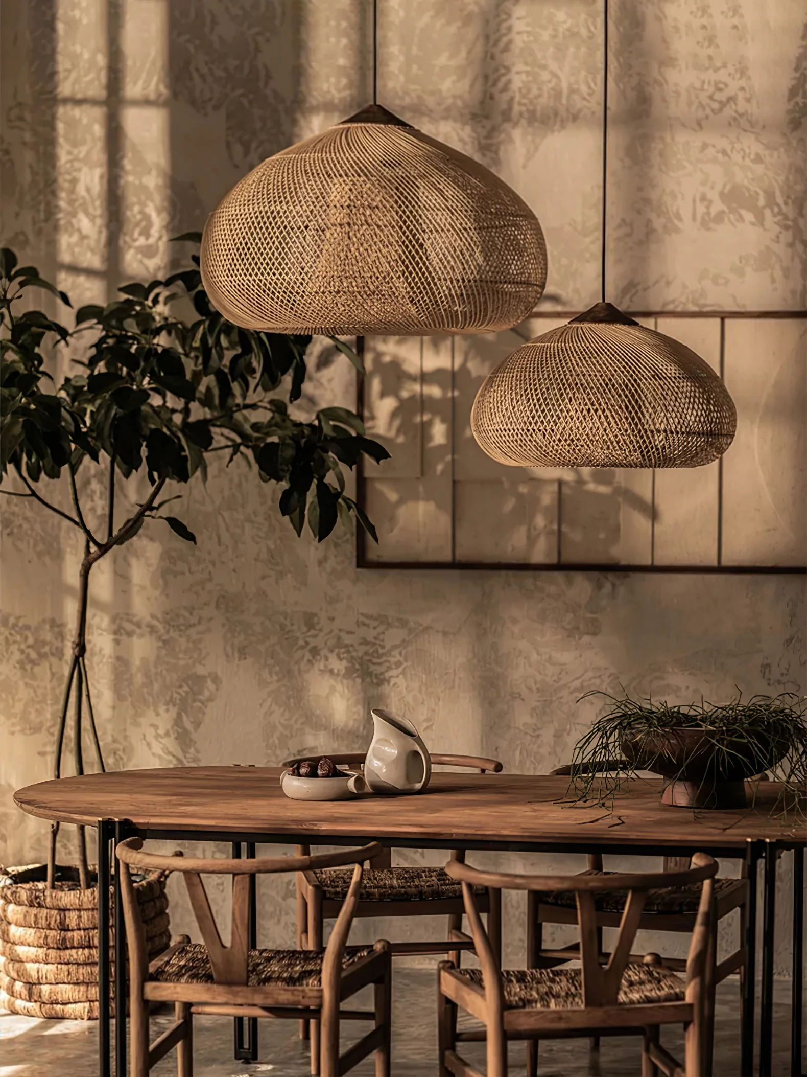 Подвесной светильник Braided Rattan - модель B, ∅50см x 25см, натуральное дерево, натуральный ротанг
