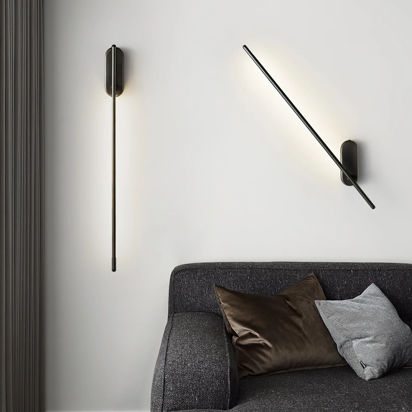 Stick Shaped Plug In Sconce - L 2″ x W 3.1″ x H 37.4″ / L 5cm x W 8cm x H 95cm Set of 2 / Oxidized Black & Warm Light / EU Plug