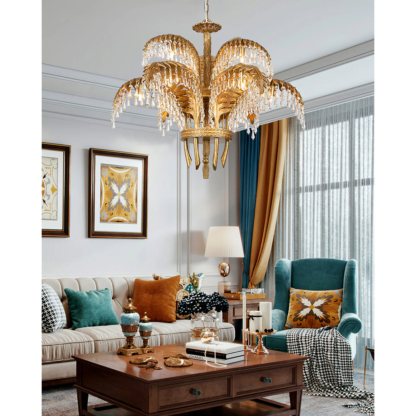 Люстра Brass Palm Leaf Crystal - 8 подвесов ∅82см x 50см, латунь, прозрачный кристалл