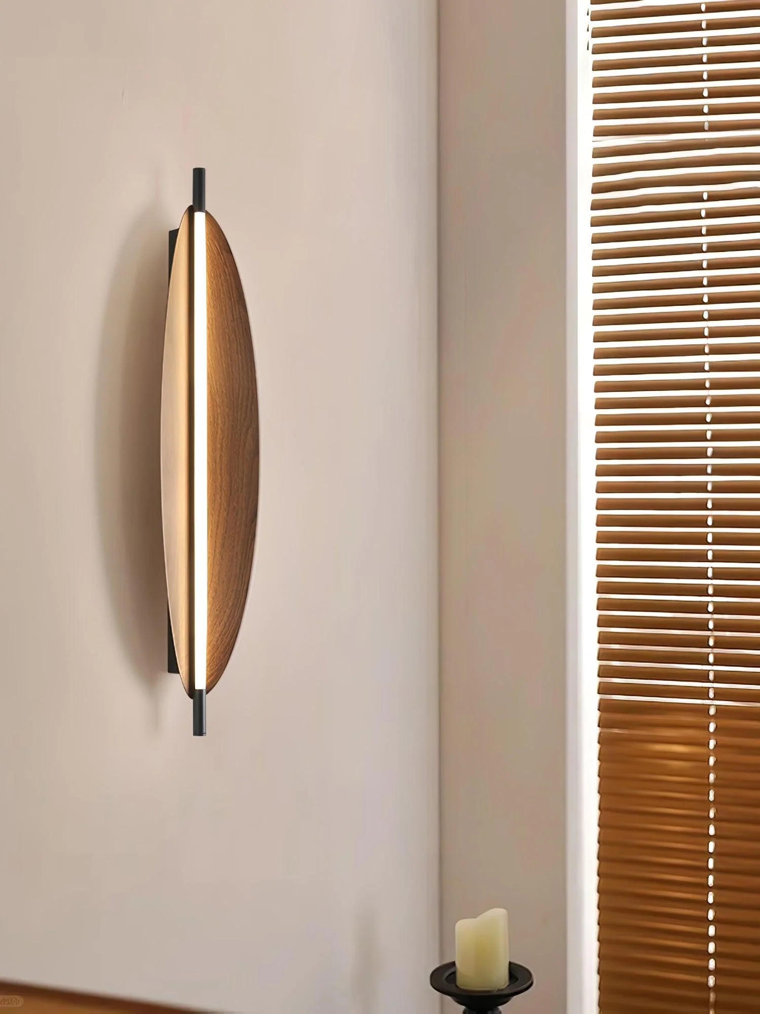 Sleek Board Sconce - ∅ 7.1″ x H 23.6″ / ∅ 18cm x H 60cm Set of 2 / Hydrographic Walnut Wood Grain Finish / Warm Light