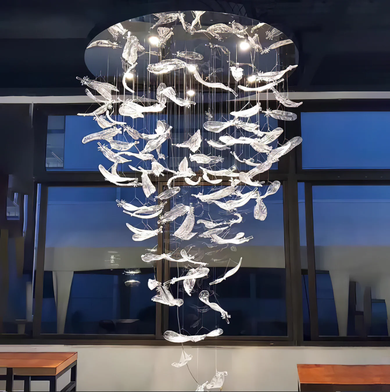 Люстра Glass Feathers Flying - ∅80см x 200см, хром, прозрачно-золотое стекло