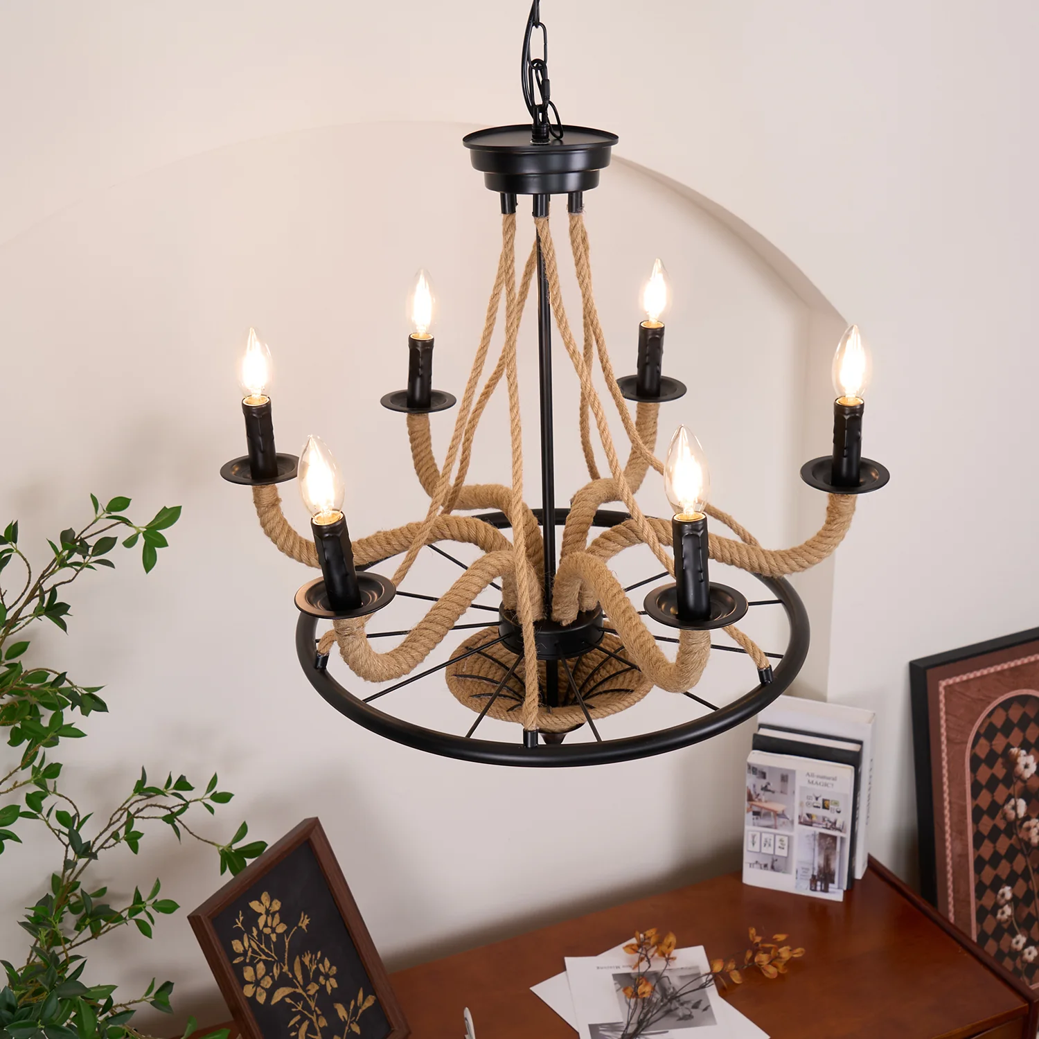 Люстра Hemp Rope Industrial Large Wheel - 6 плафонов ∅68см x 79см, черный, льняной