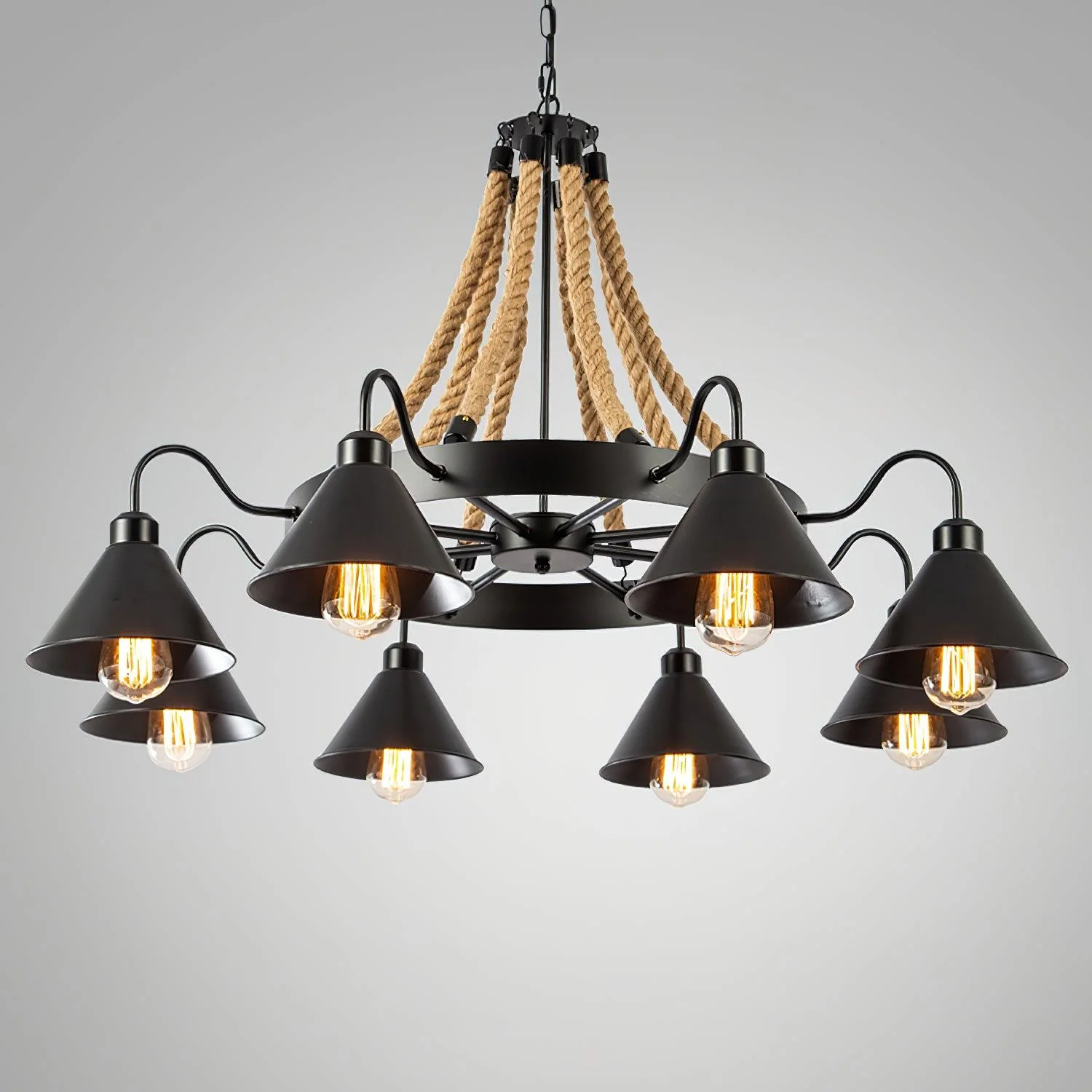 Люстра Hemp Rope Industrial Horn - 6 плафонов ∅88см x 60см, черный, льняной