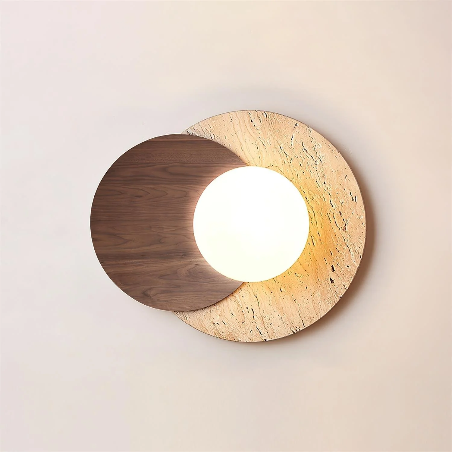 Lunar Eclipse Wall Lamp - ∅ 11.8″ x H 9.8″ / Dia 30cm x H 25cm Set of 2 / Wood Color & Beige