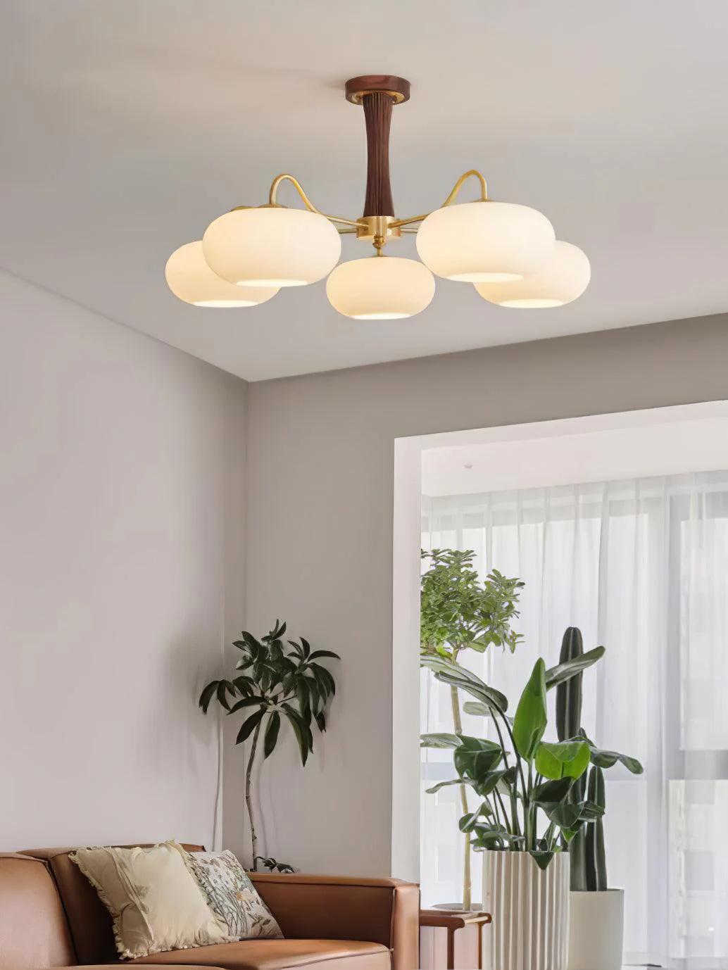 Люстра Brass Wooden Persimmon - 3 плафона ∅68см x 43см, латунь, натуральное дерево, белый