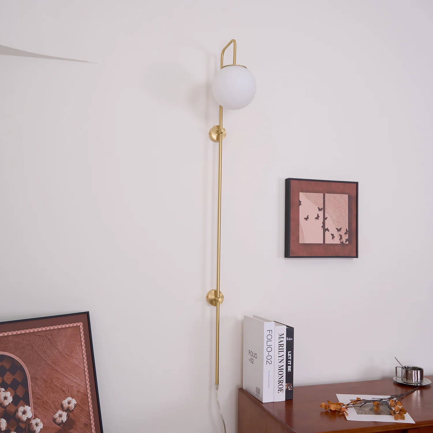 Настенный светильник Globe Brass Plug-in - ∅15см х 120см, золотой, белый