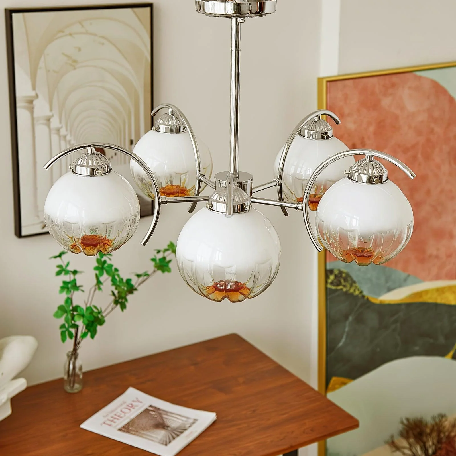 Люстра Litchford - 5 плафонов ∅55см x 48см, хром, матовое стекло