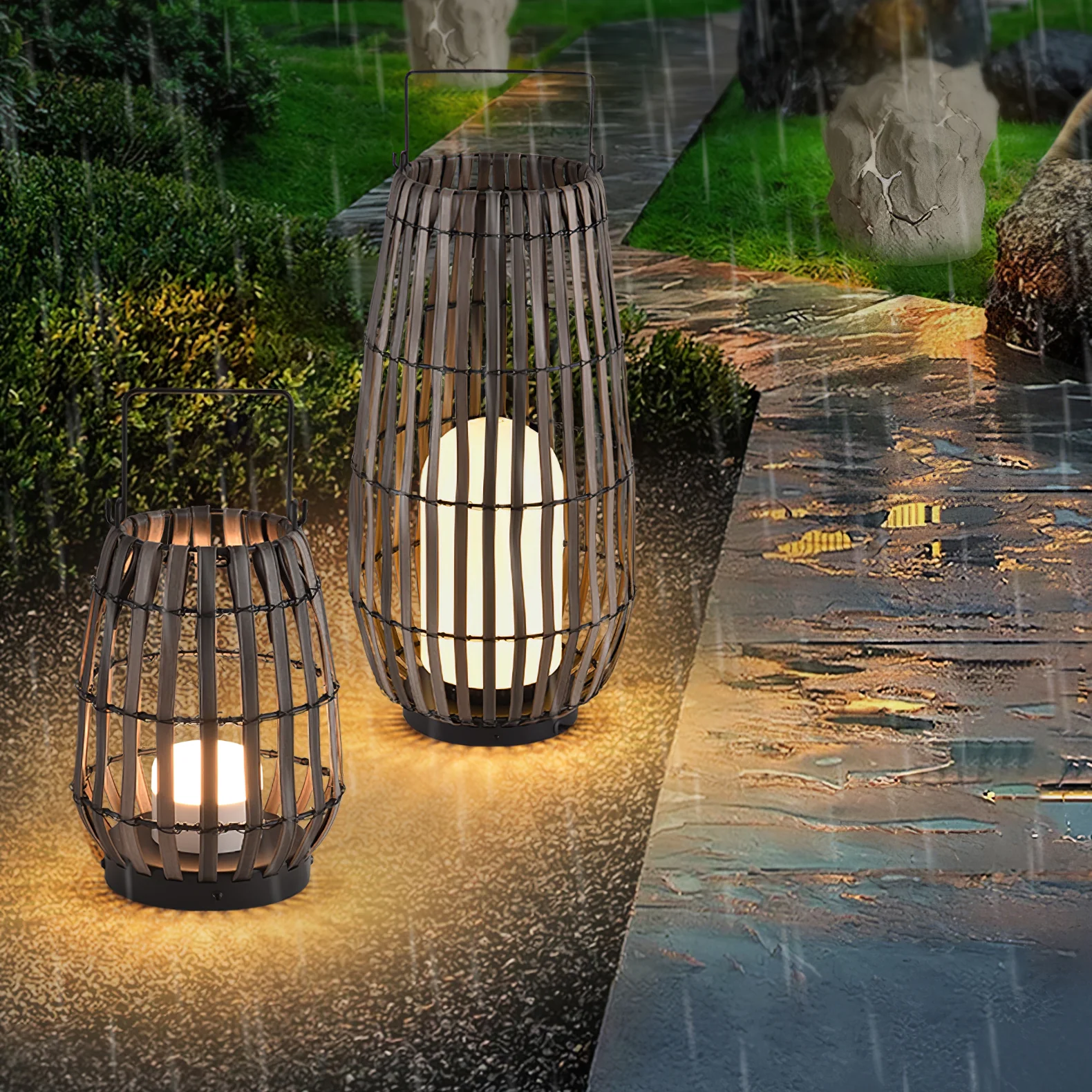 Уличный светильник Tropic Braid Lantern - модель B, солнечная батарея, ∅30см x 40см, черный, дерево