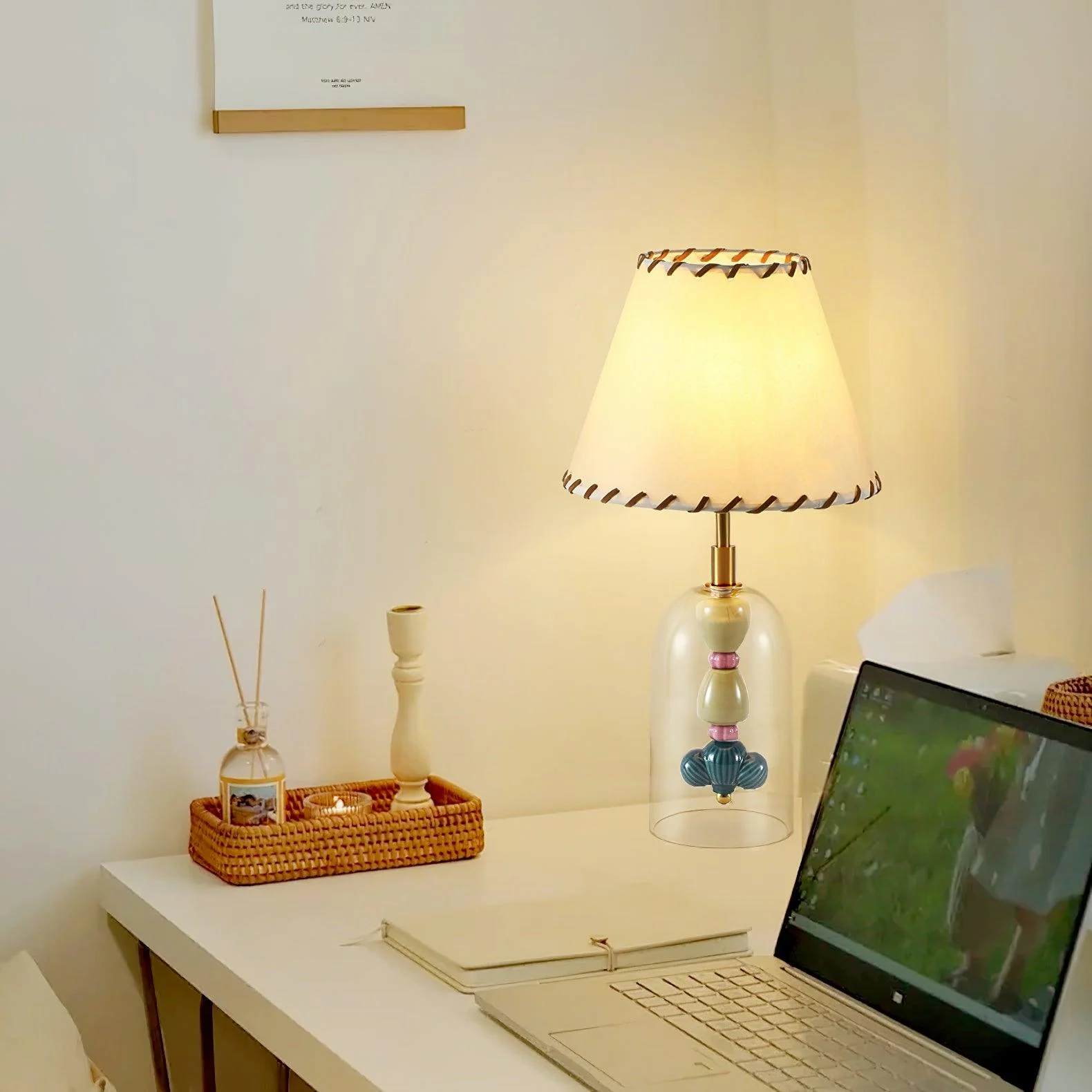 Lenny Bedside Table Lamp - ∅ 9.8″ x H 18.1″ / Dia 25cm x H 46cm / Clear+Beige / UK plug
