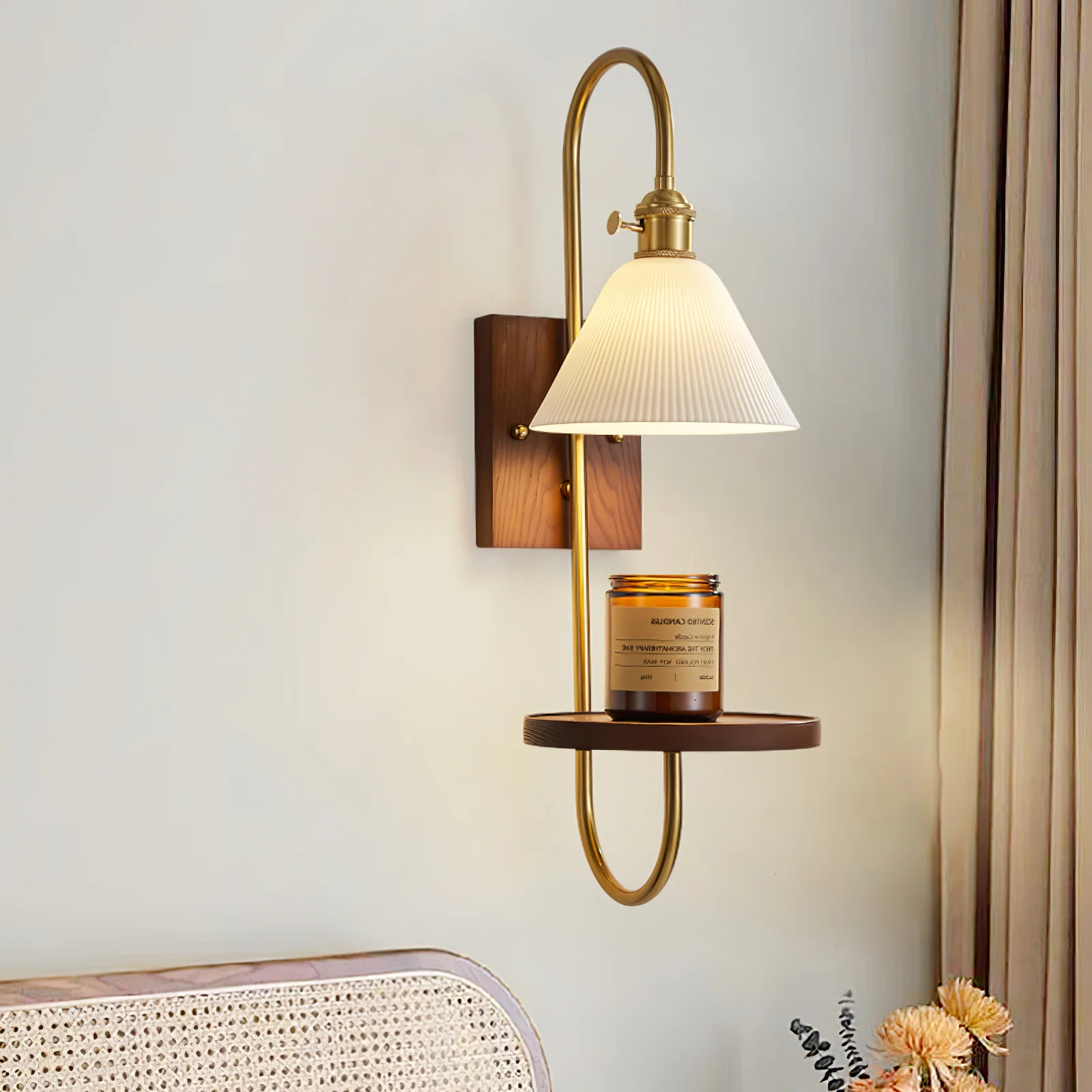 Walnut Shelf Sconce - Model A H 21.3″ x W 7.1″ x L 9.8″ / Walnut Color & Gold / Set Of 2